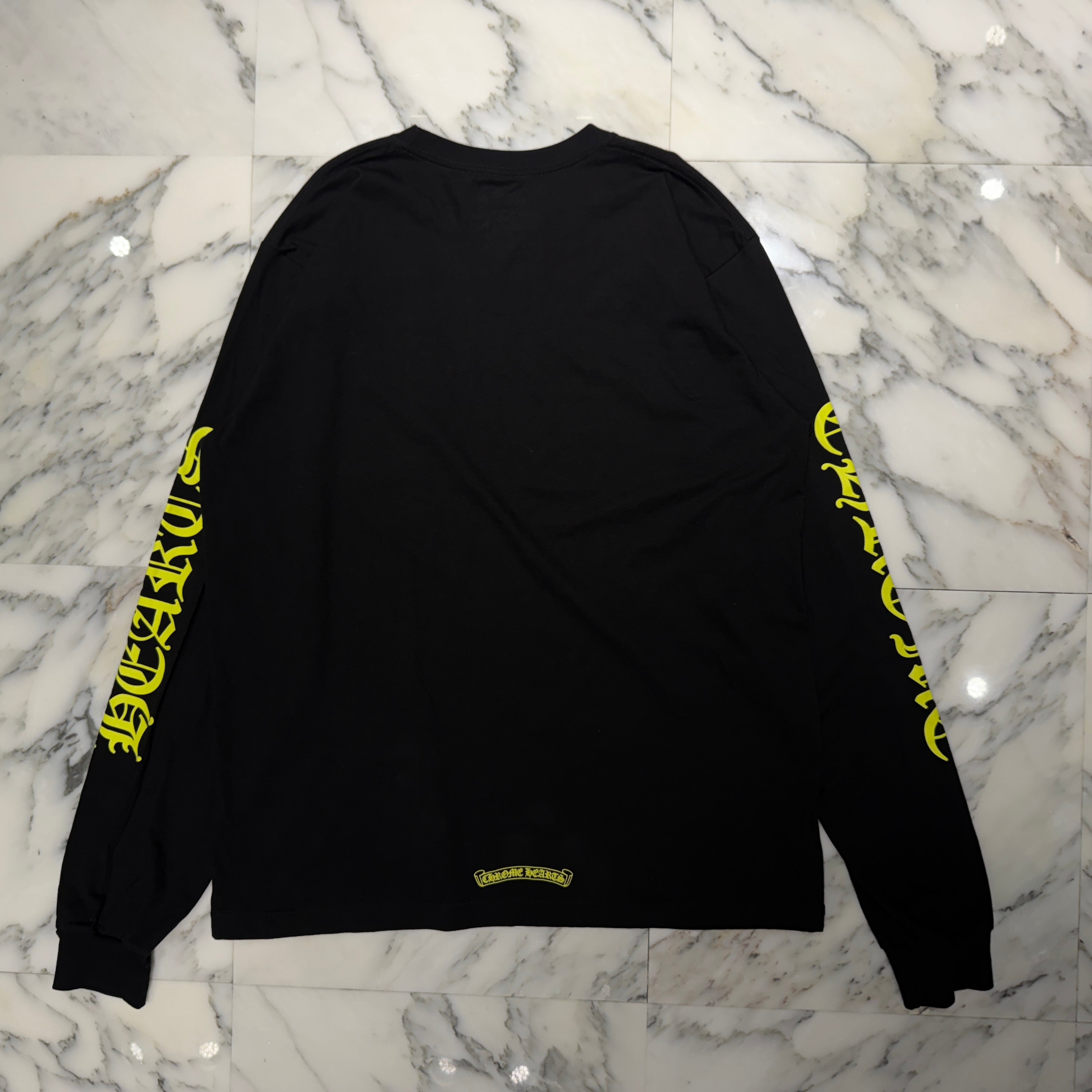 CHROME HEARTS Old English Neck Logo Neon Yellow Long Sleeve Tee Size XL