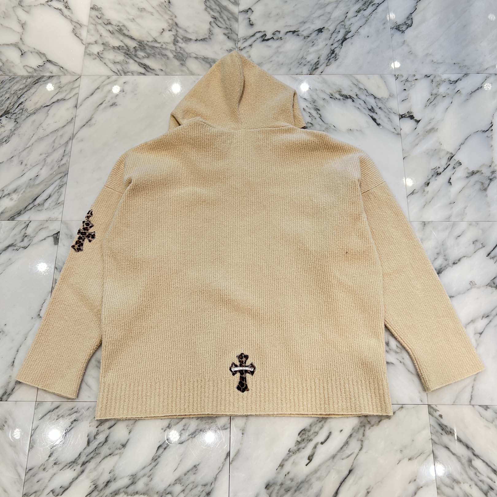 CHROME HEARTS YNOT Leopard Harako Leather Cross Patch Knit Pullover Hoodie Size M/L クロムハーツ ワイノット レオパード ハラコレザー クロスパッチ ニット プルオーバーフーディー サイズM/L