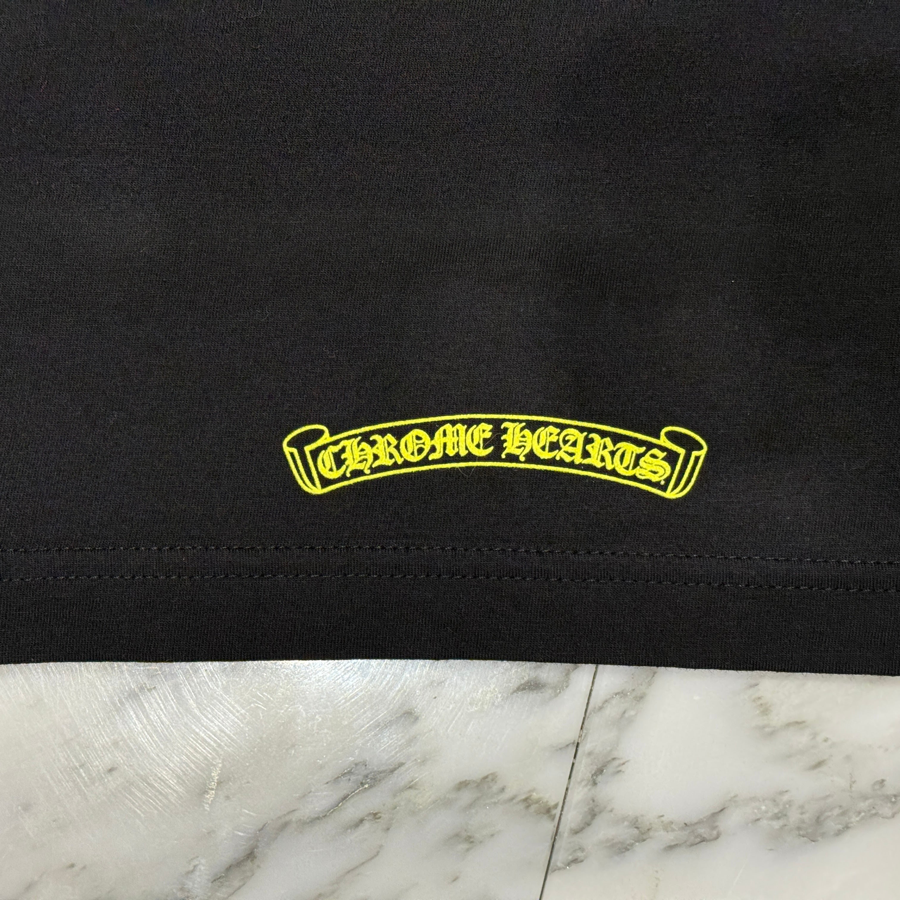 CHROME HEARTS Old English Neck Logo Neon Yellow Long Sleeve Tee Size XL