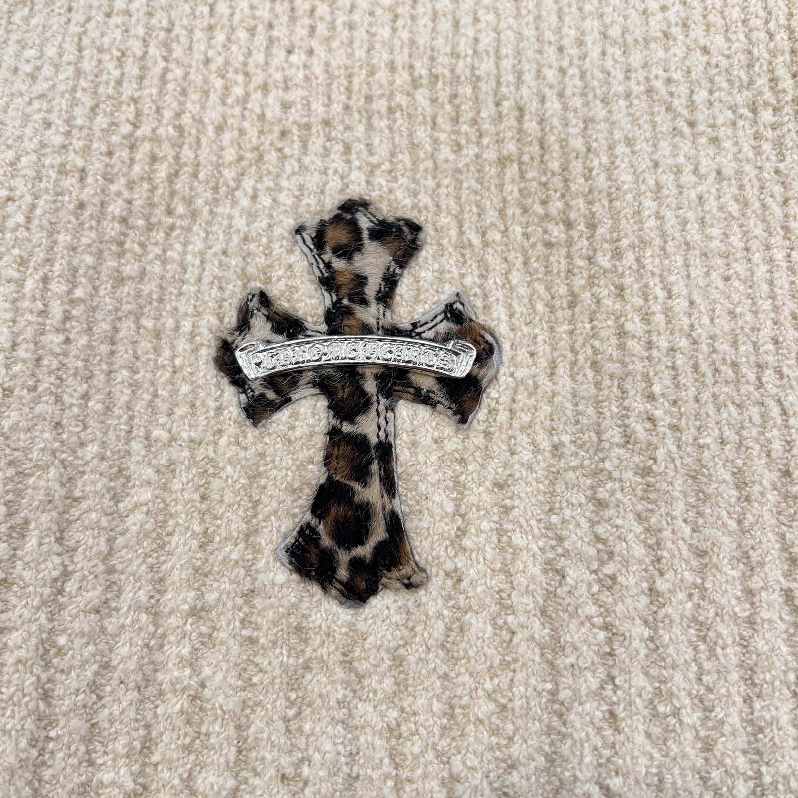 CHROME HEARTS YNOT Leopard Harako Leather Cross Patch Knit Pullover Hoodie Size M/L クロムハーツ ワイノット レオパード ハラコレザー クロスパッチ ニット プルオーバーフーディー サイズM/L