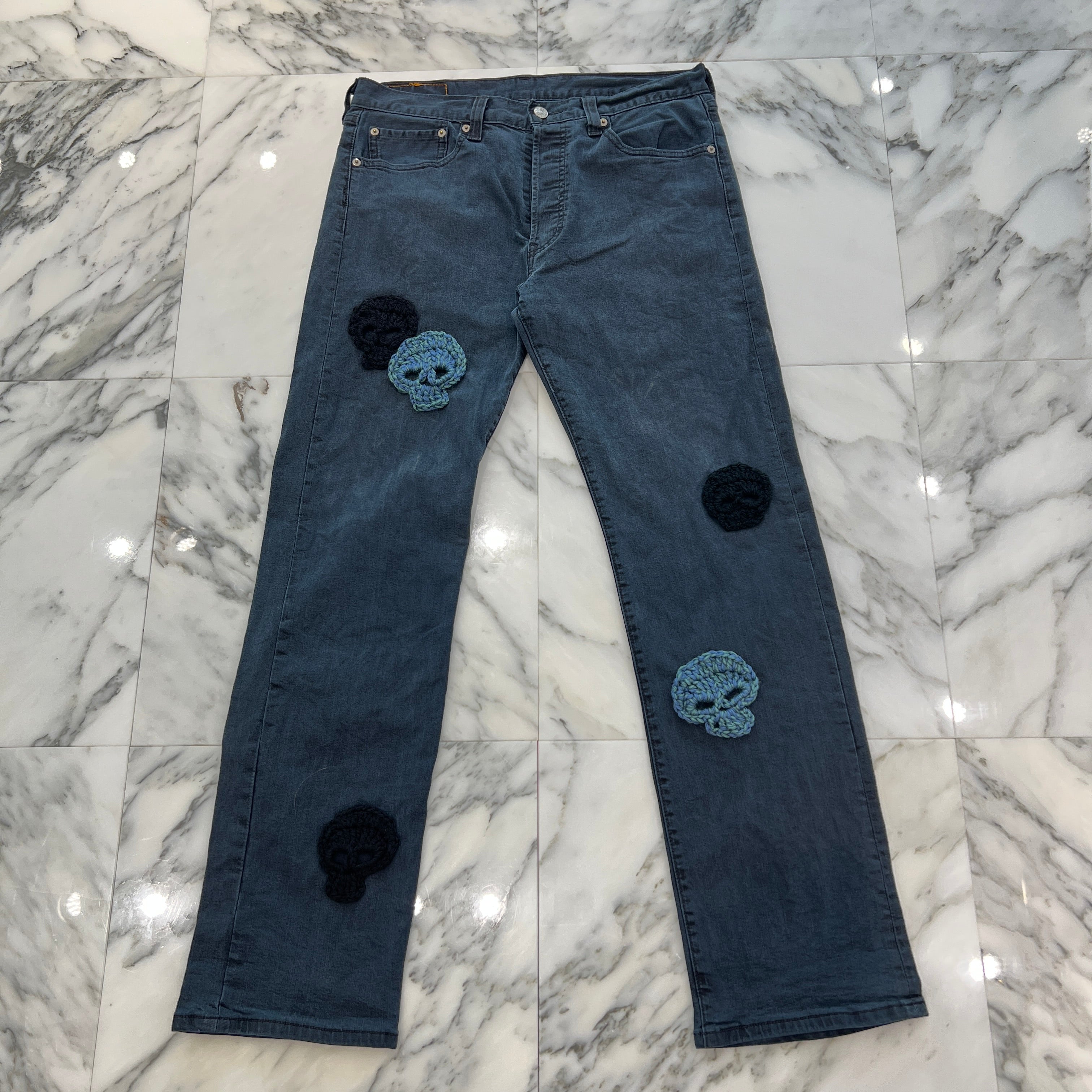 Y.A.R.N × mementos Levi's 501 Body Knit Scull Denim Pants Size W33×L32 ヤーン × メメントス リーバイス 501 ボディ ニットスカル デニムパンツ サイズ W33×L32