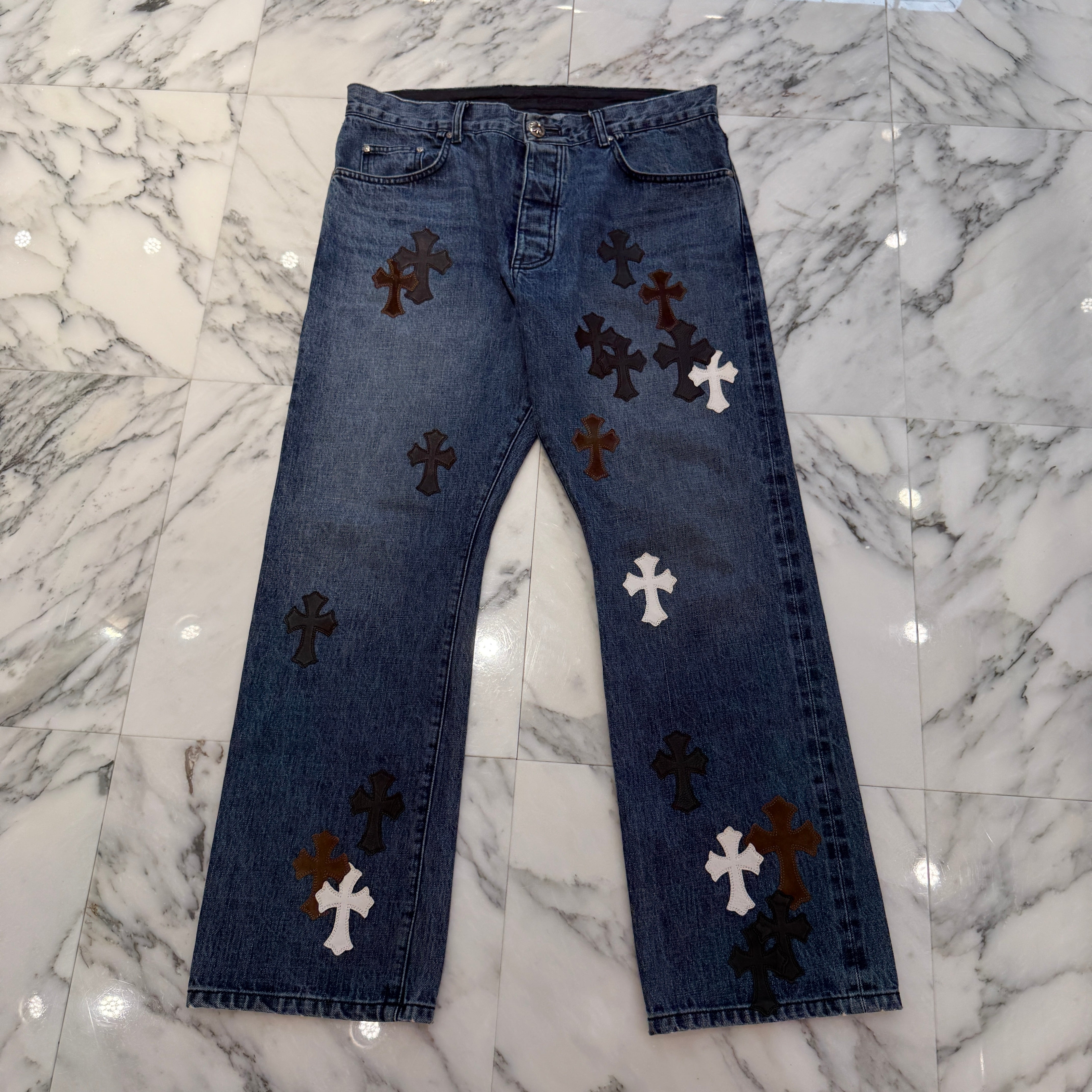 CHROME HEARTS Multi Leather Cross Patch Cross Ball Button Denim Pants Size 36 クロムハーツ マルチレザークロスパッチ クロスボールボタン デニムパンツ サイズ36