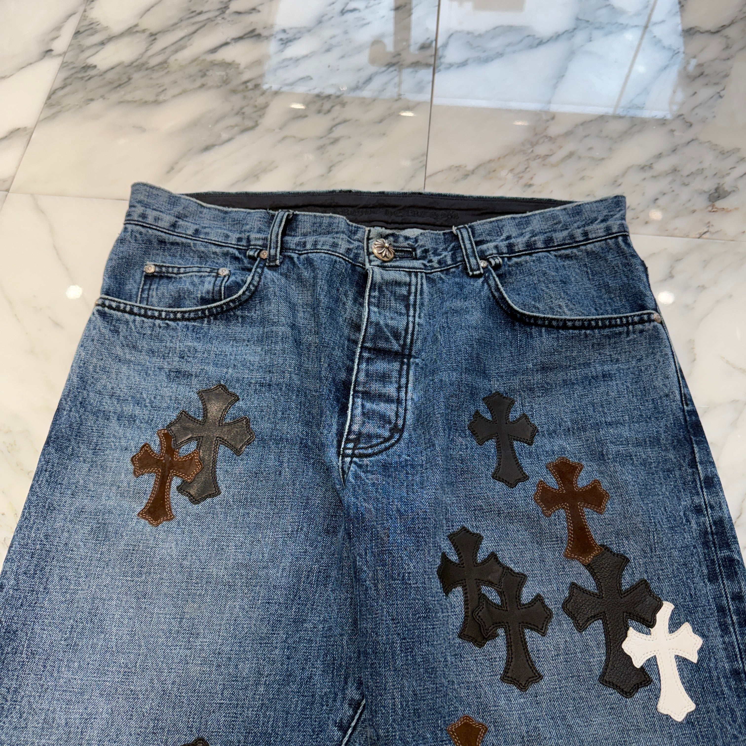 CHROME HEARTS Multi Leather Cross Patch Cross Ball Button Denim Pants Size 36 クロムハーツ マルチレザークロスパッチ クロスボールボタン デニムパンツ サイズ36