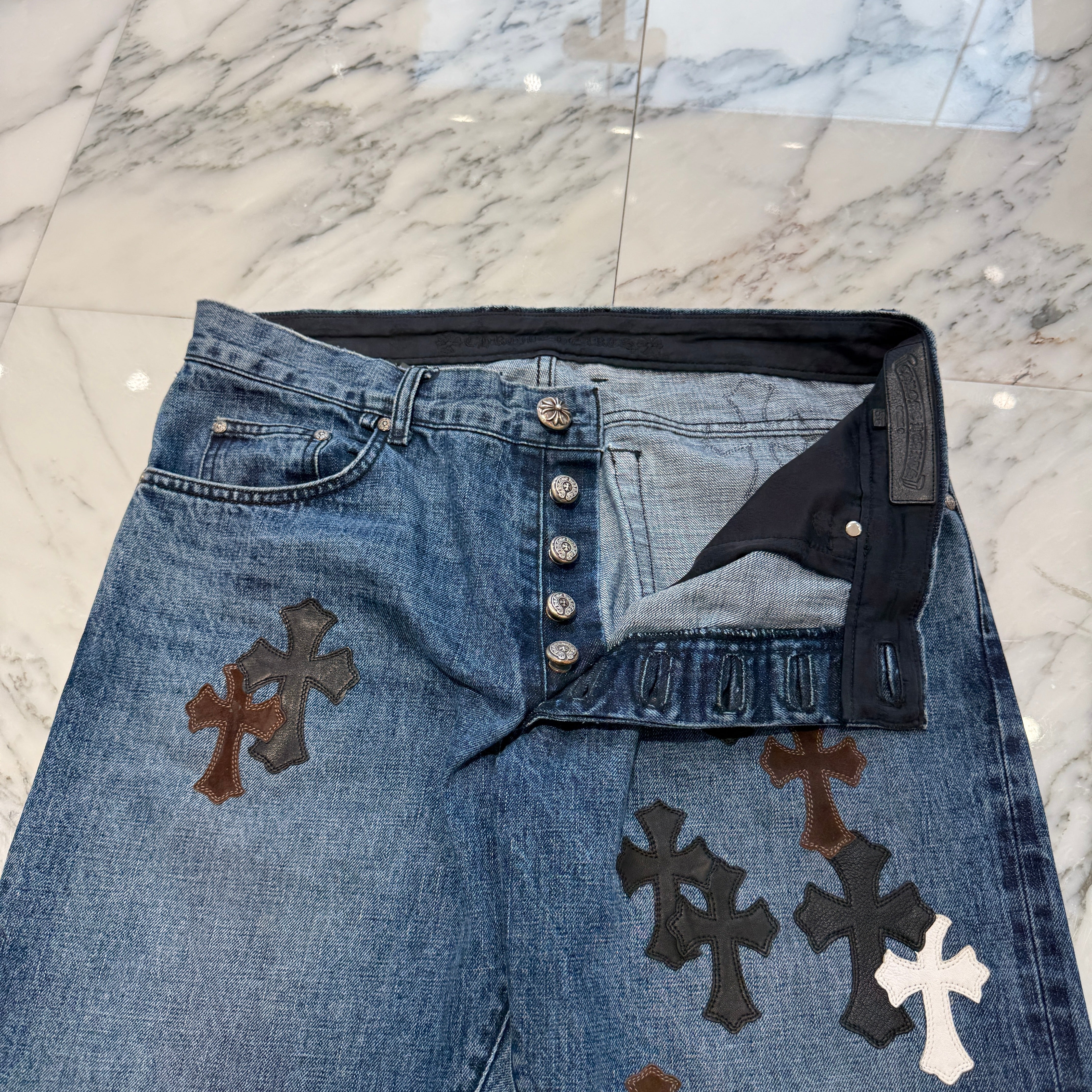 CHROME HEARTS Multi Leather Cross Patch Cross Ball Button Denim Pants Size 36 クロムハーツ マルチレザークロスパッチ クロスボールボタン デニムパンツ サイズ36