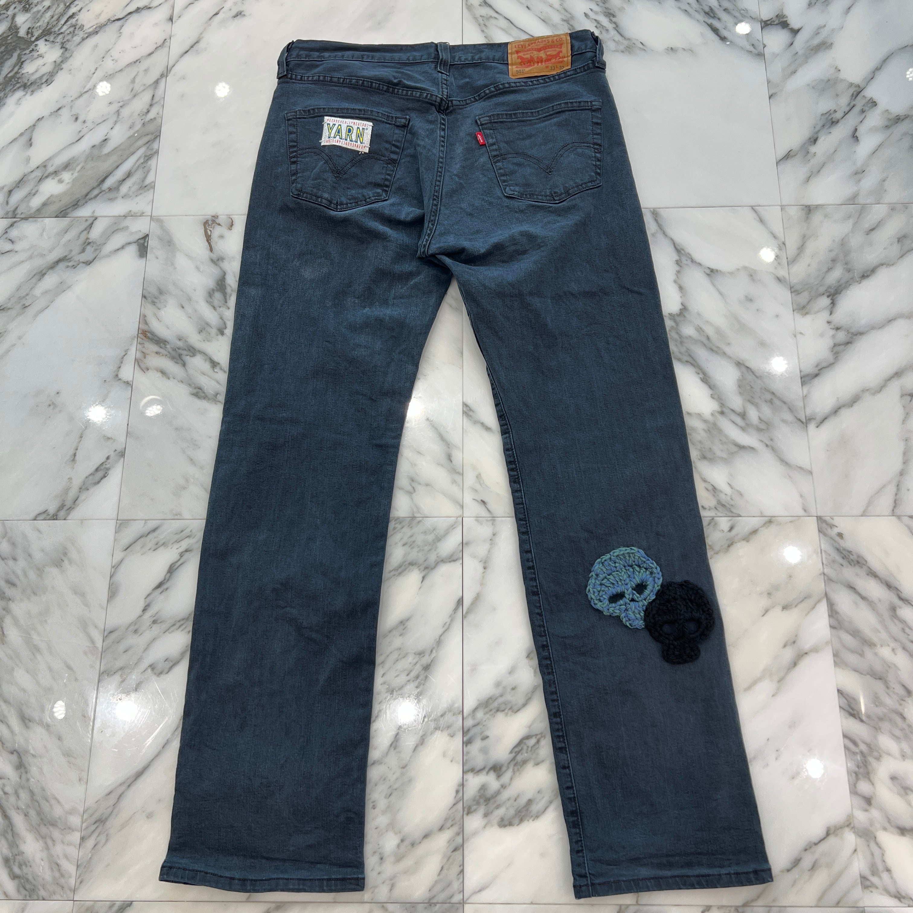 Y.A.R.N × mementos Levi's 501 Body Knit Scull Denim Pants Size W33×L32 ヤーン × メメントス リーバイス 501 ボディ ニットスカル デニムパンツ サイズ W33×L32