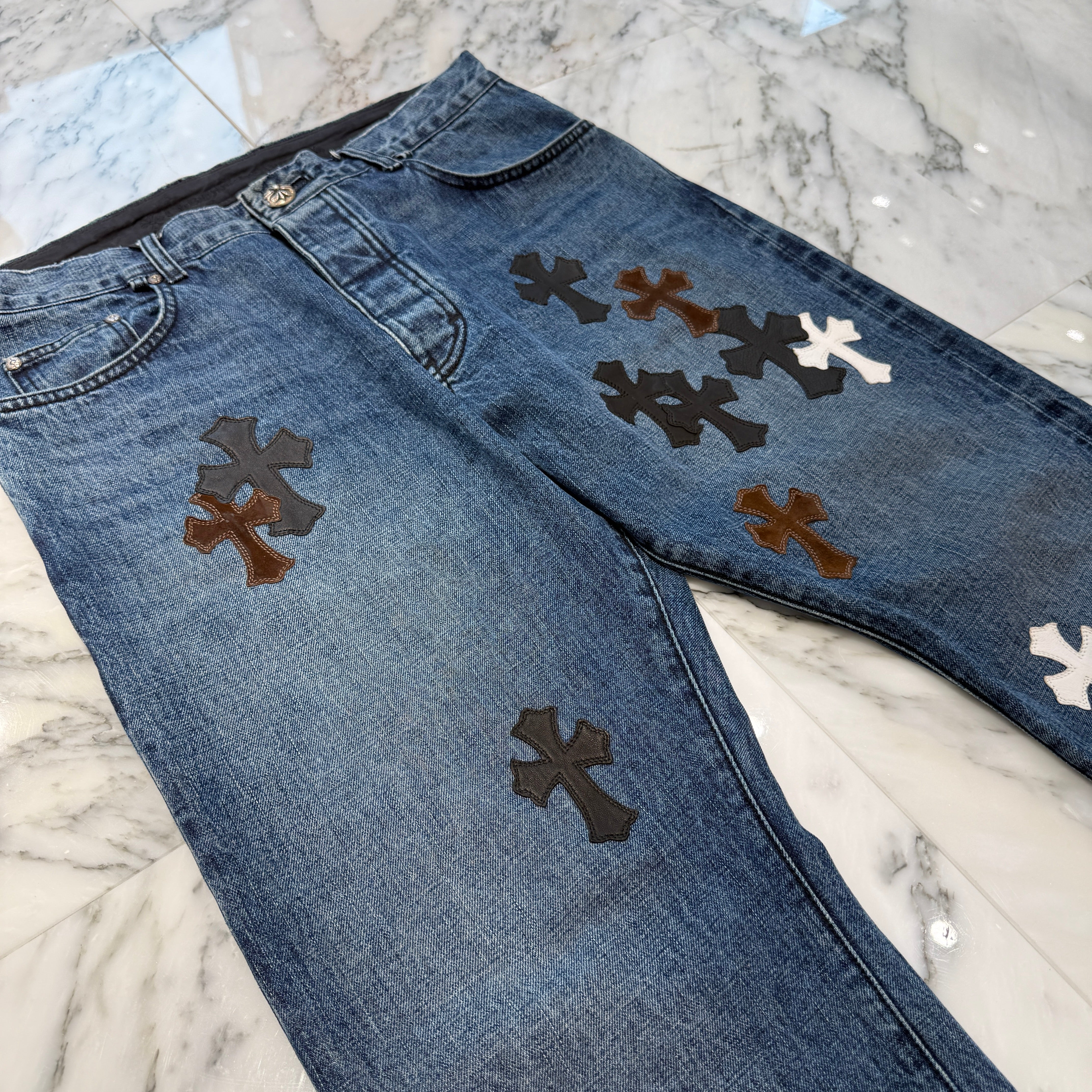 CHROME HEARTS Multi Leather Cross Patch Cross Ball Button Denim Pants Size 36 クロムハーツ マルチレザークロスパッチ クロスボールボタン デニムパンツ サイズ36