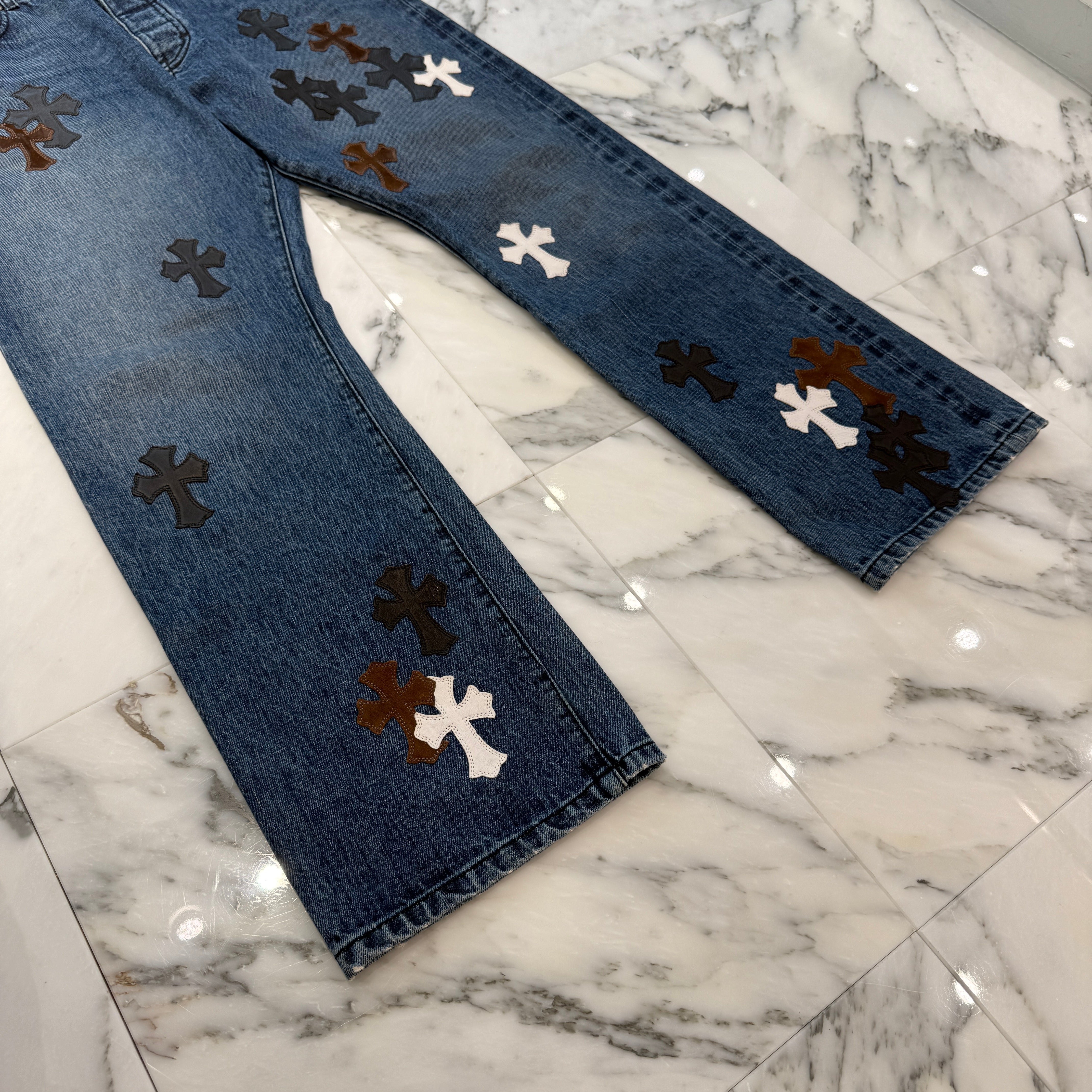 CHROME HEARTS Multi Leather Cross Patch Cross Ball Button Denim Pants Size 36 クロムハーツ マルチレザークロスパッチ クロスボールボタン デニムパンツ サイズ36