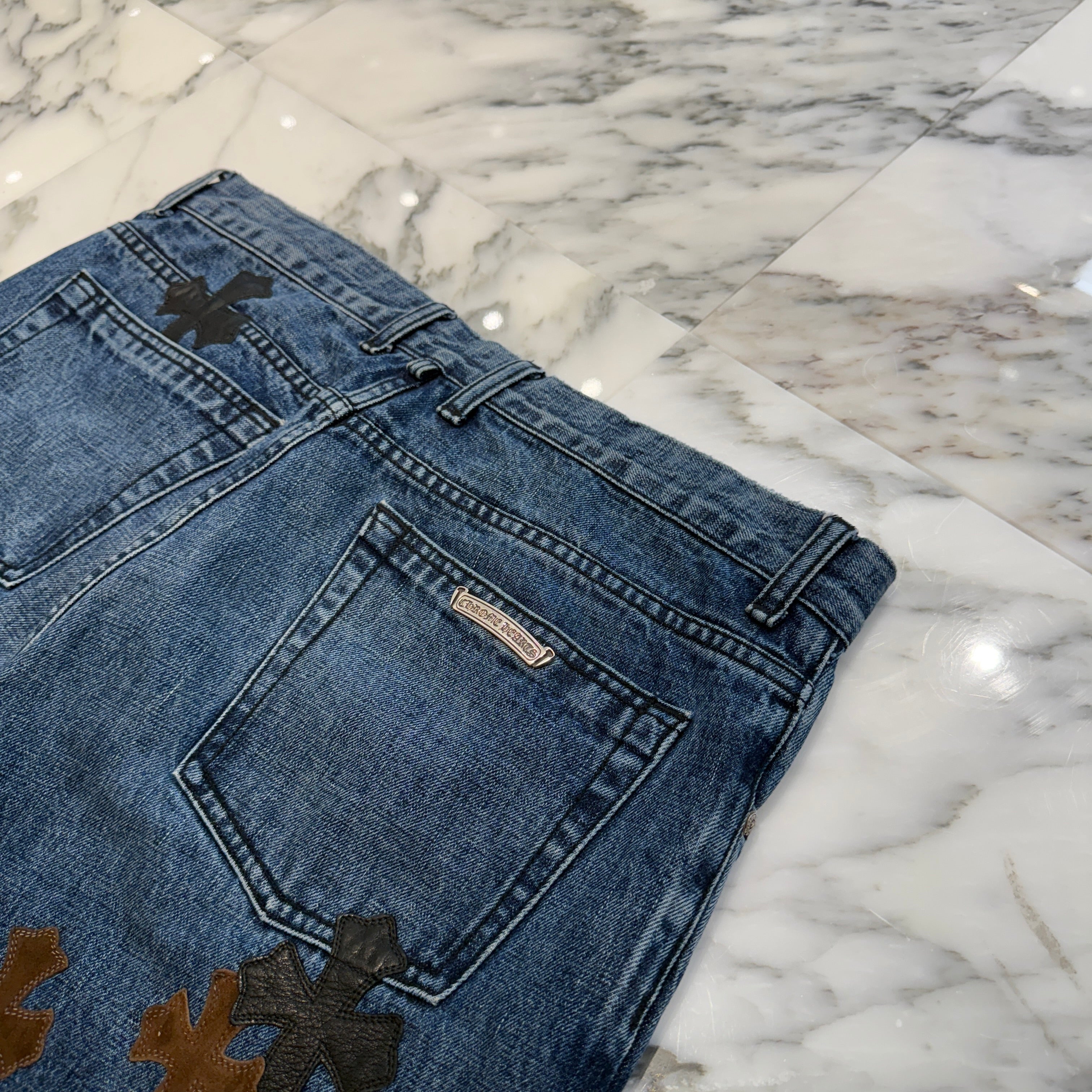 CHROME HEARTS Multi Leather Cross Patch Cross Ball Button Denim Pants Size 36 クロムハーツ マルチレザークロスパッチ クロスボールボタン デニムパンツ サイズ36