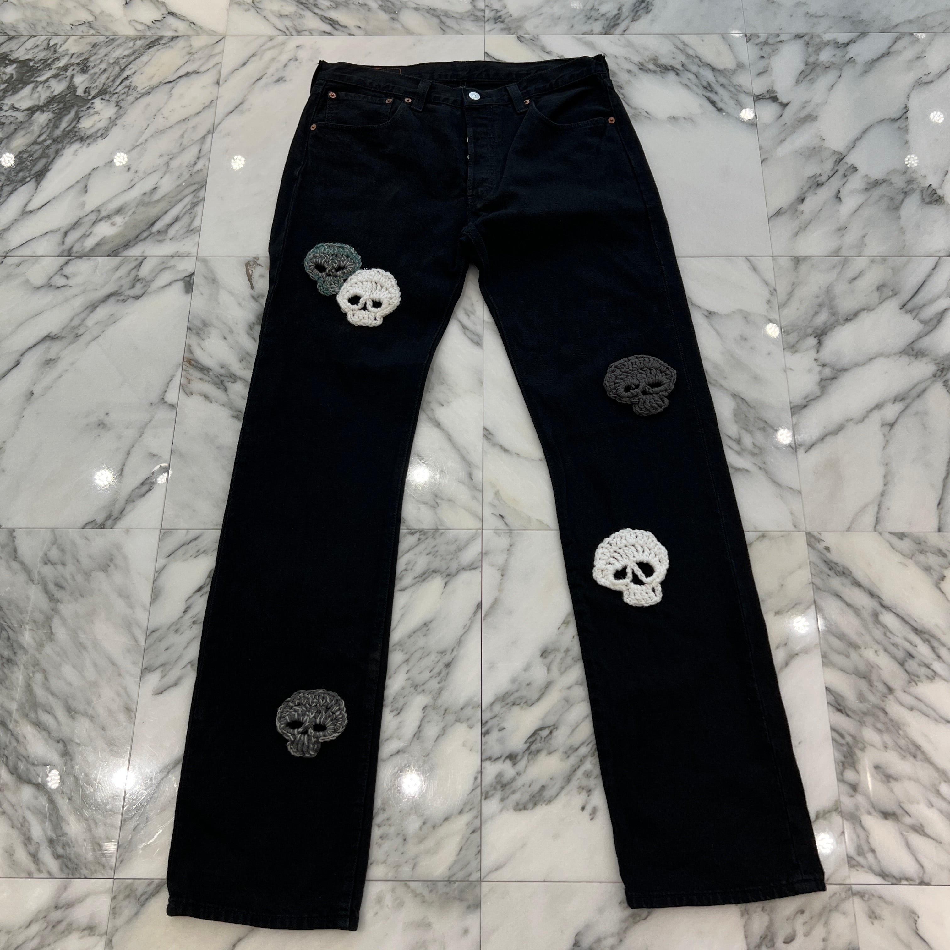 Y.A.R.N × mementos Levi's 501 Body Knit Scull Denim Pants Size W34×L36 ヤーン × メメントス リーバイス 501 ボディ ニットスカル デニムパンツ サイズ W34×L36