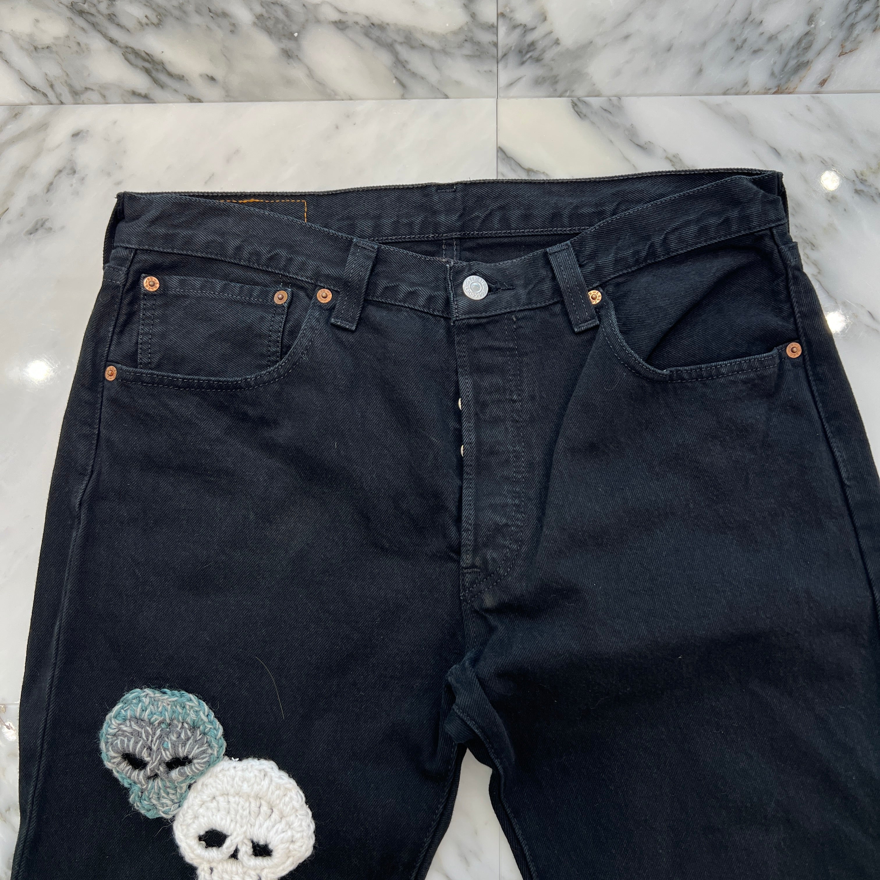 Y.A.R.N × mementos Levi's 501 Body Knit Scull Denim Pants Size W34×L36 ヤーン × メメントス リーバイス 501 ボディ ニットスカル デニムパンツ サイズ W34×L36