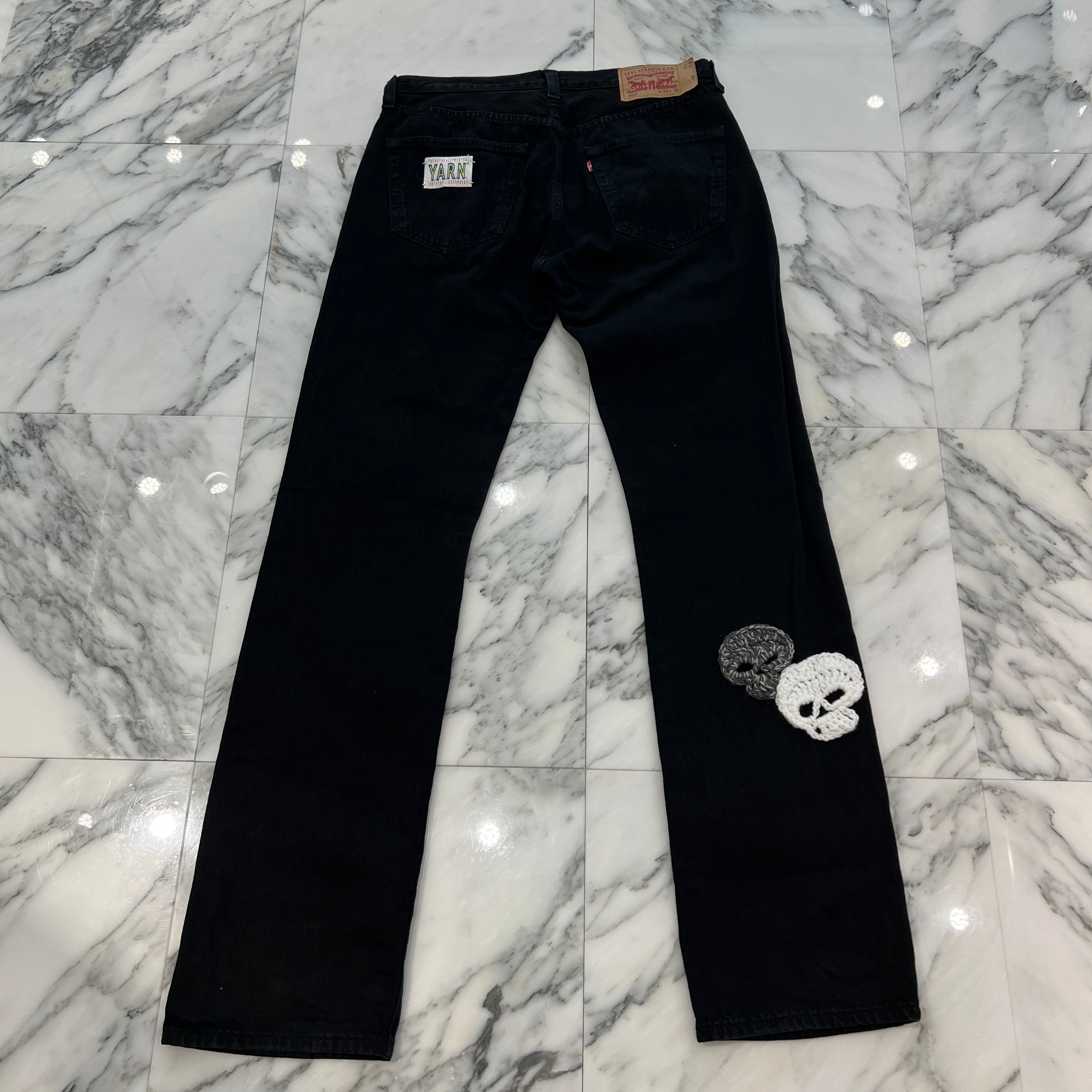 Y.A.R.N × mementos Levi's 501 Body Knit Scull Denim Pants Size W34×L36 ヤーン × メメントス リーバイス 501 ボディ ニットスカル デニムパンツ サイズ W34×L36