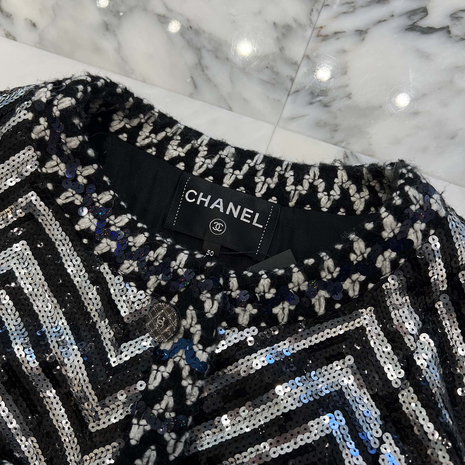 CHANEL 2022AW New Wave Stripe Sequin Acrylic Wool Jacket P71742V63229 Size 50 シャネル ニューウェーブ ストライプ スパンコール アクリルウール ジャケット サイズ 50
