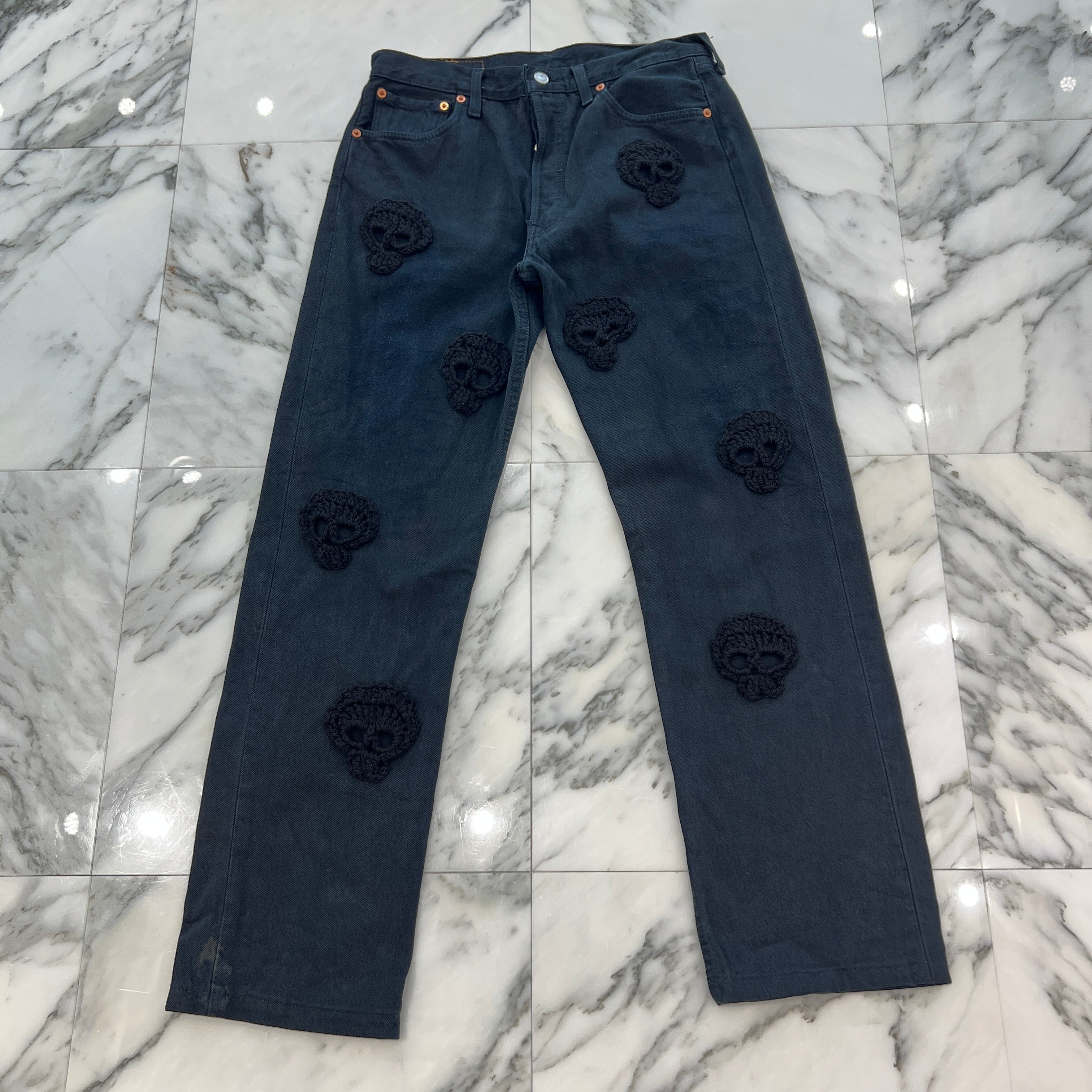Y.A.R.N × mementos Levi's 501 Body Knit Scull Denim Pants Size W33×L34 ヤーン×メメントス リーバイス 501 ボディ ニットスカル デニムパンツ サイズW33×L34