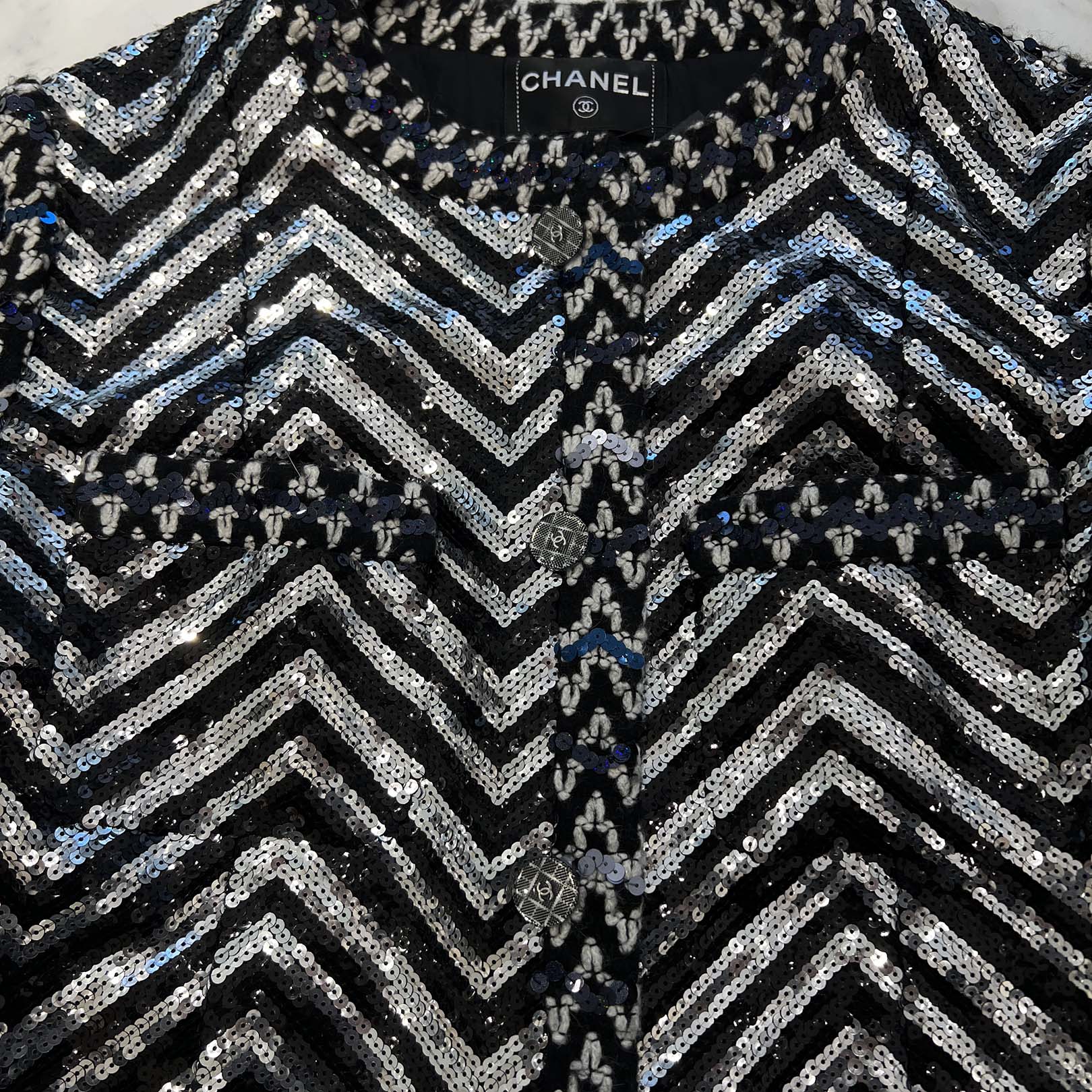 CHANEL 2022AW New Wave Stripe Sequin Acrylic Wool Jacket P71742V63229 Size 50 シャネル ニューウェーブ ストライプ スパンコール アクリルウール ジャケット サイズ 50