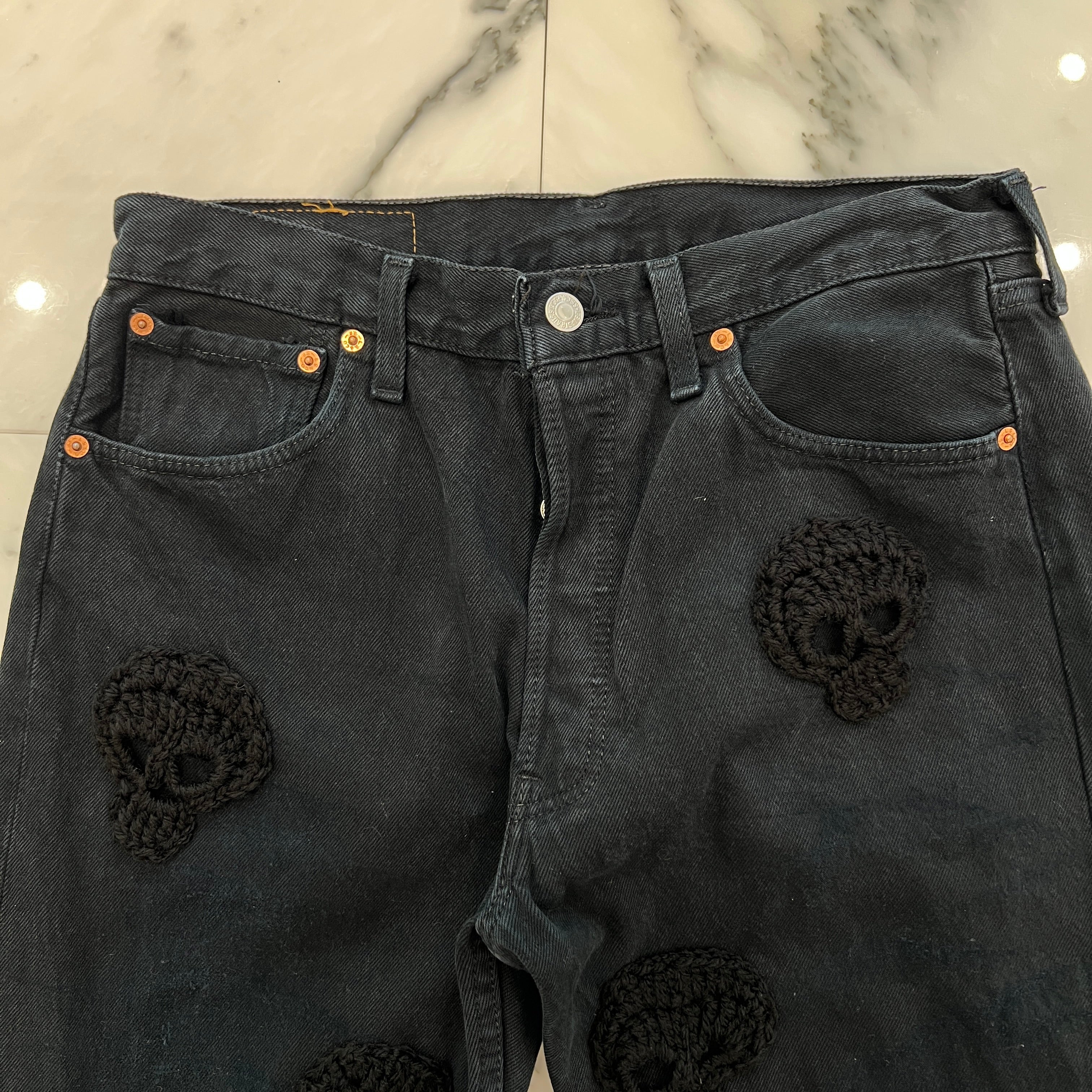 Y.A.R.N × mementos Levi's 501 Body Knit Scull Denim Pants Size W33×L34 ヤーン×メメントス リーバイス 501 ボディ ニットスカル デニムパンツ サイズW33×L34