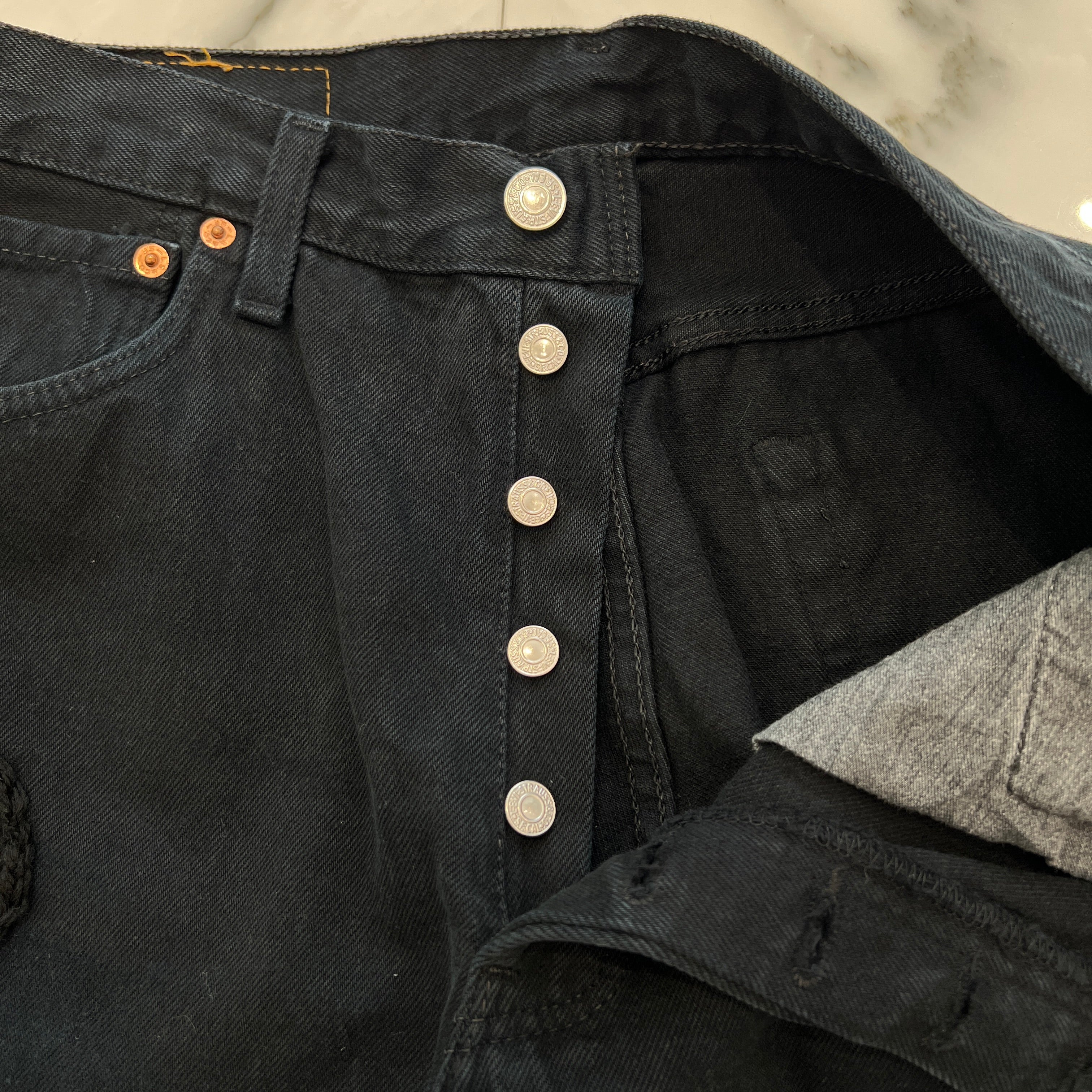 Y.A.R.N × mementos Levi's 501 Body Knit Scull Denim Pants Size W33×L34 ヤーン×メメントス リーバイス 501 ボディ ニットスカル デニムパンツ サイズW33×L34