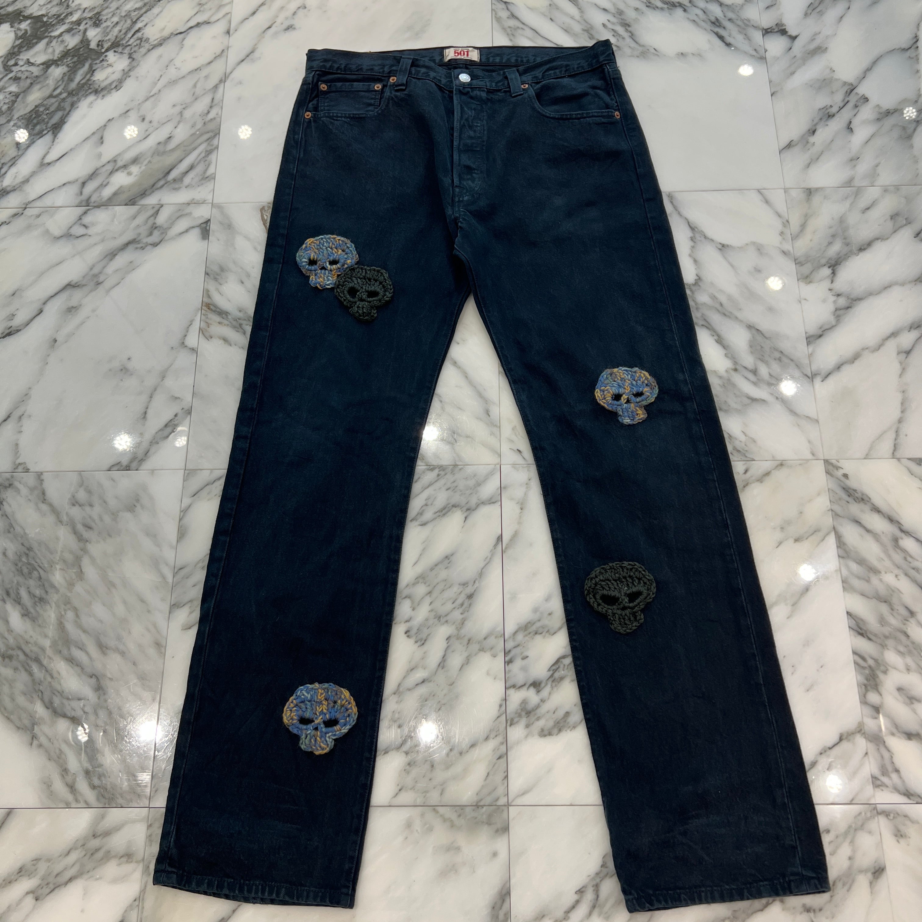 Y.A.R.N × mementos Levi's 501 Body Knit Scull Denim Pants Size W36×L34 ヤーン×メメントス リーバイス 501 ボディ ニットスカル デニムパンツ サイズW36×L34