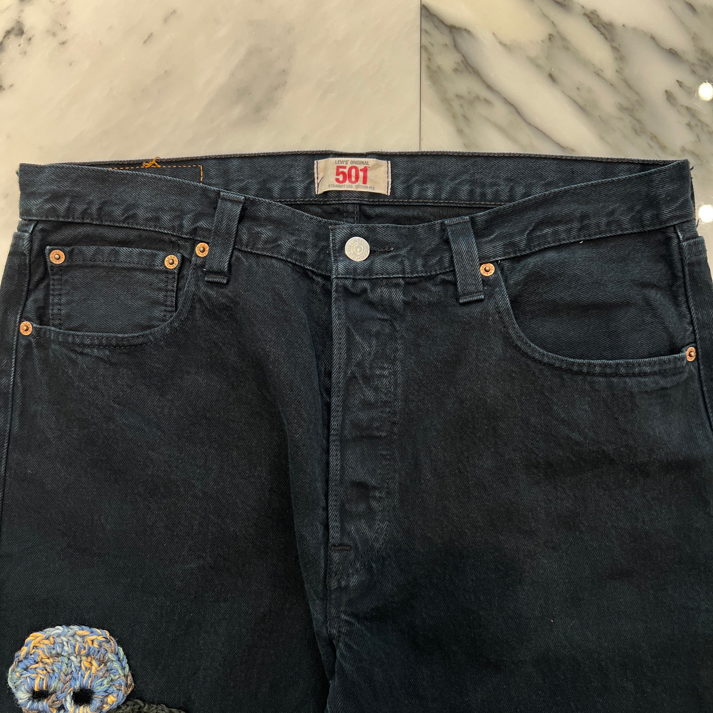 Y.A.R.N × mementos Levi's 501 Body Knit Scull Denim Pants Size W36×L34 ヤーン×メメントス リーバイス 501 ボディ ニットスカル デニムパンツ サイズW36×L34