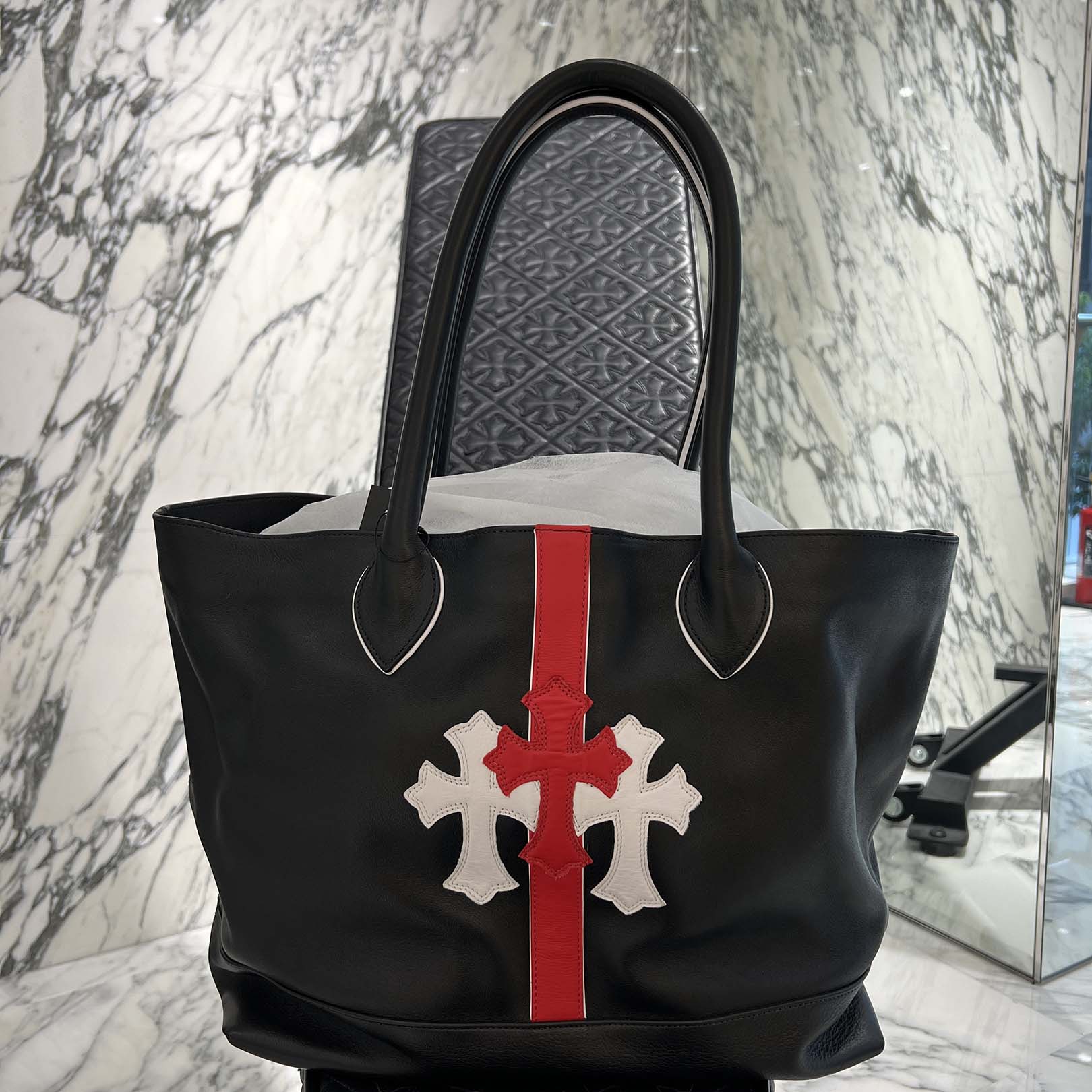 CHROME HEARTS 3 Cemetery Cross Leather Patch Leather Tote Bag