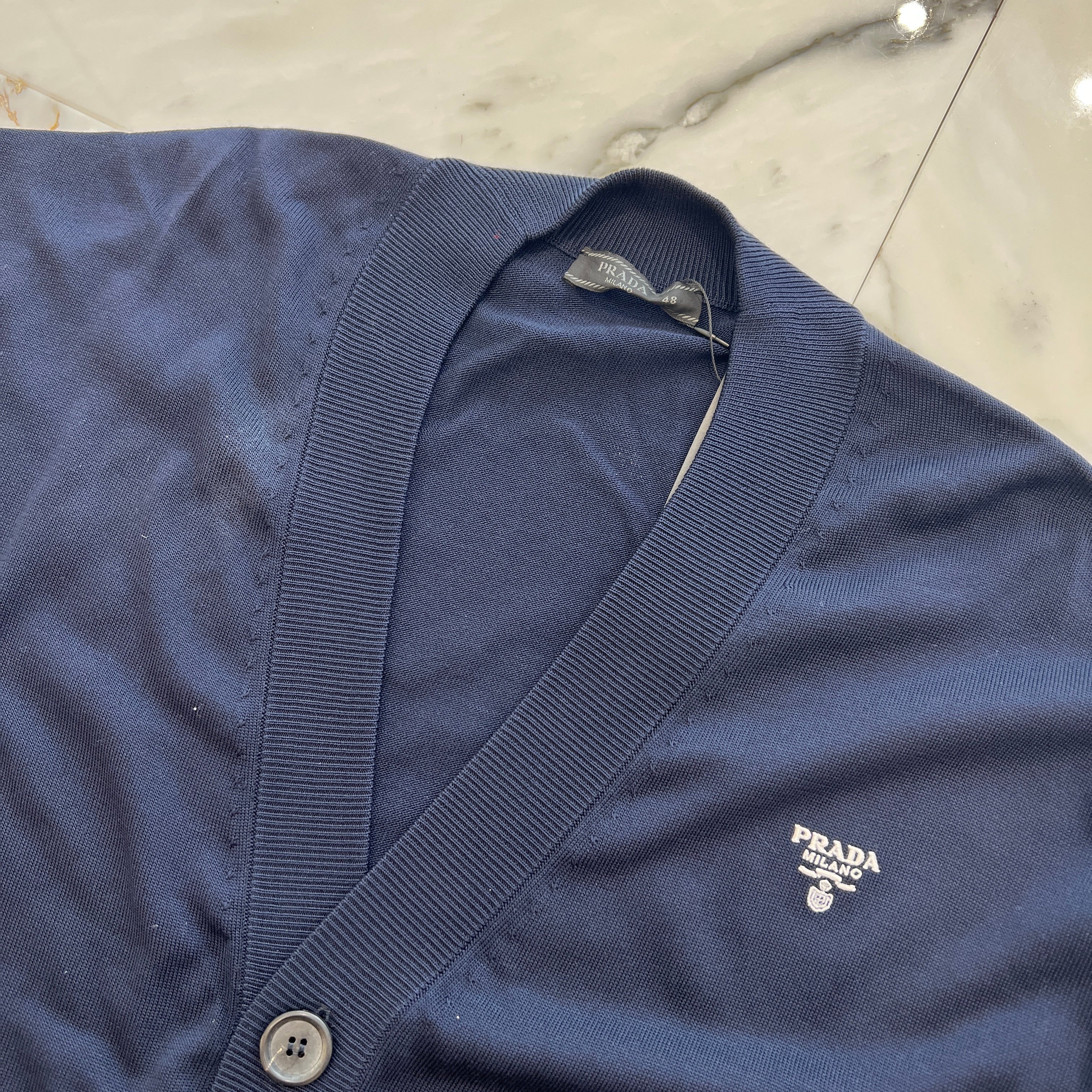 PRADA 2023AW Logo Embroidered V-Neck Silk Cardigan Size 48 プラダ ロゴ刺繍Vネックシルクカーディガン サイズ48