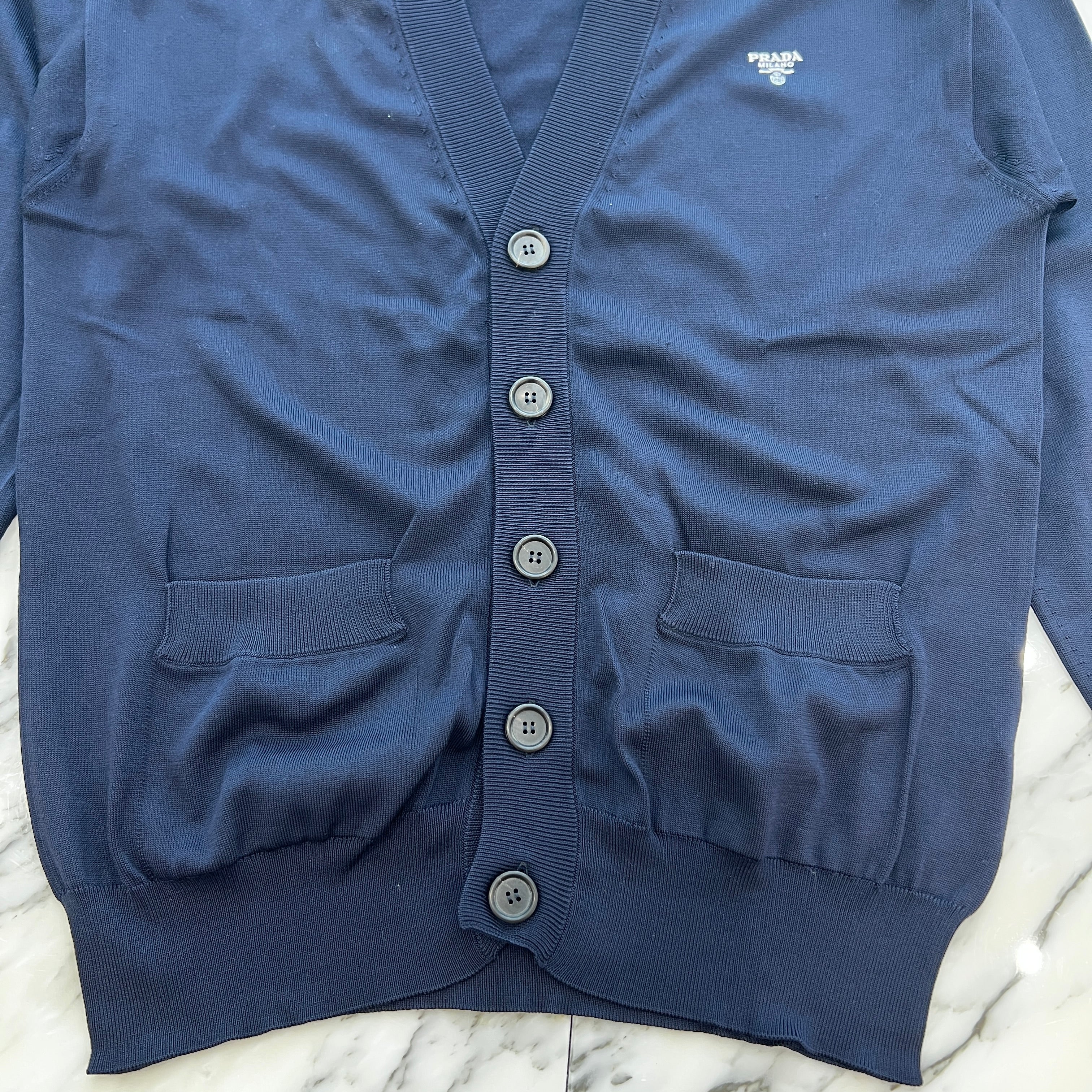 PRADA 2023AW Logo Embroidered V-Neck Silk Cardigan Size 48 プラダ