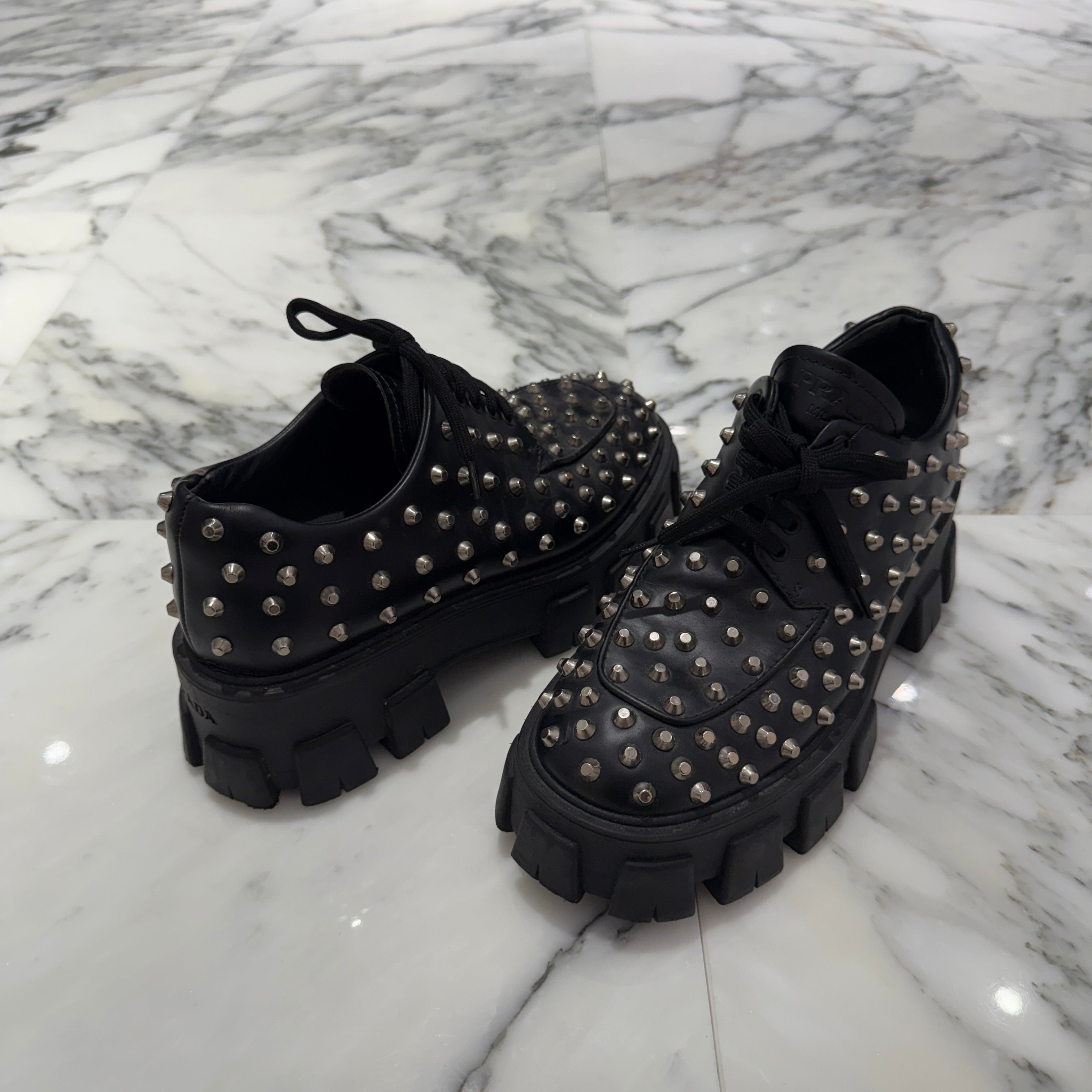 PRADA Monolith Brushed Leather Studs Boots 1E714L Size 38 1/2(25.5cm) プラダ モノリス ブラッシュド レザー スタッズ ブーツ サイズ38 1/2(25.5cm)