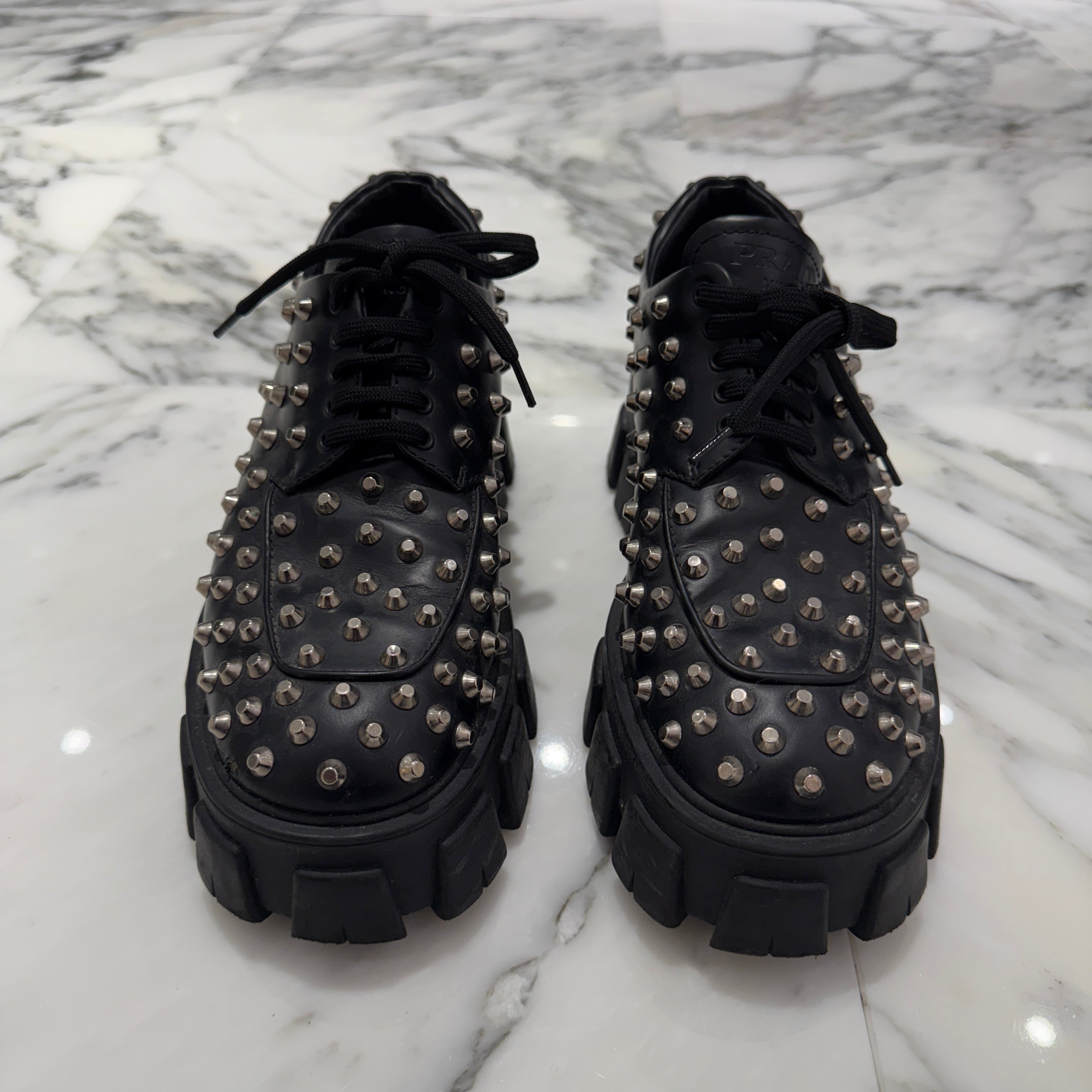 PRADA Monolith Brushed Leather Studs Boots 1E714L Size 38 1/2(25.5cm) プラダ モノリス ブラッシュド レザー スタッズ ブーツ サイズ38 1/2(25.5cm)