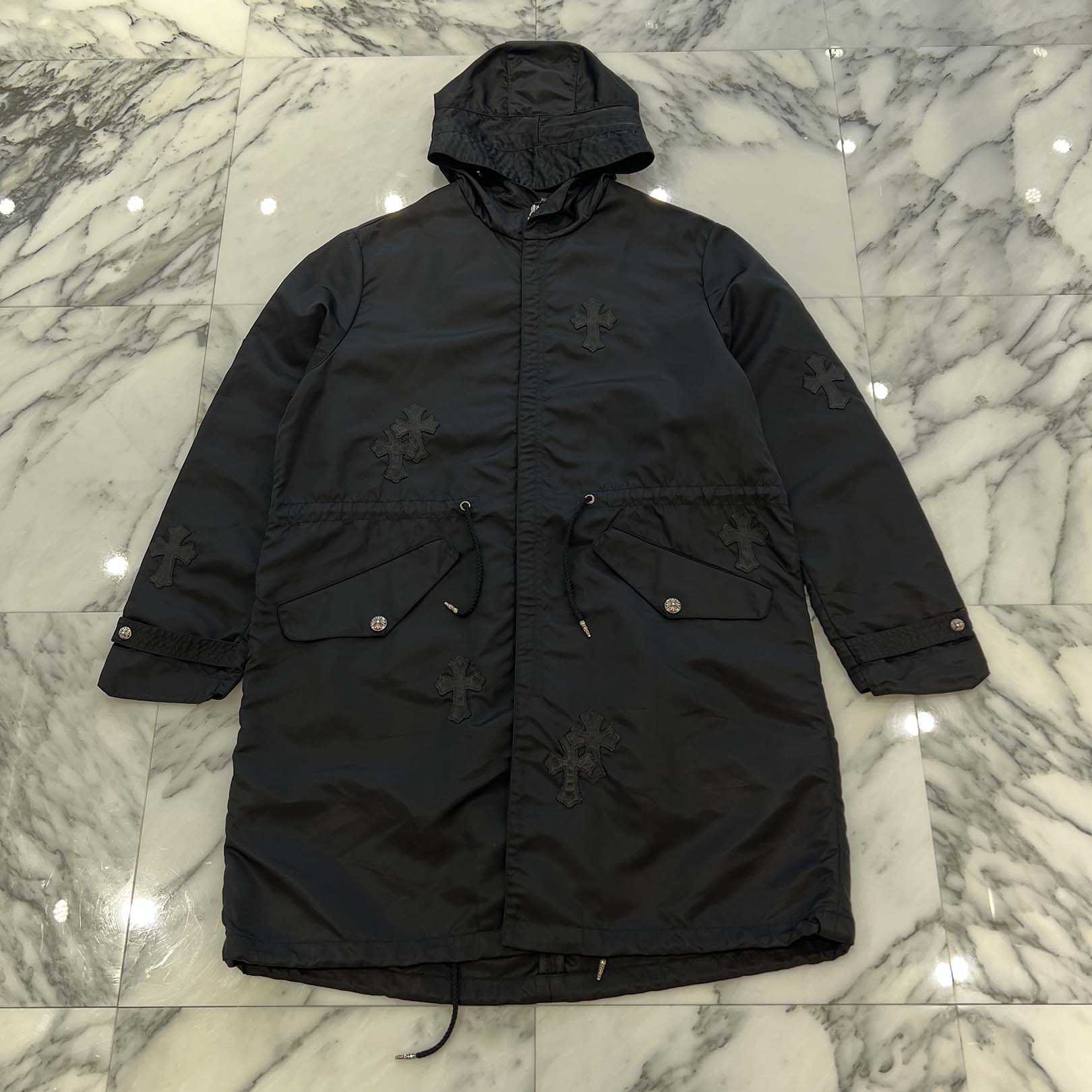 CHROME HEARTS Y NOT PUDDLES Cemetery Cross Leather Patch Zip Up Nylon Hooded Coat Size M クロムハーツ ワイノット パドルズ セメタリークロス レザーパッチ ジップアップ ナイロン フーデッド コート サイズM