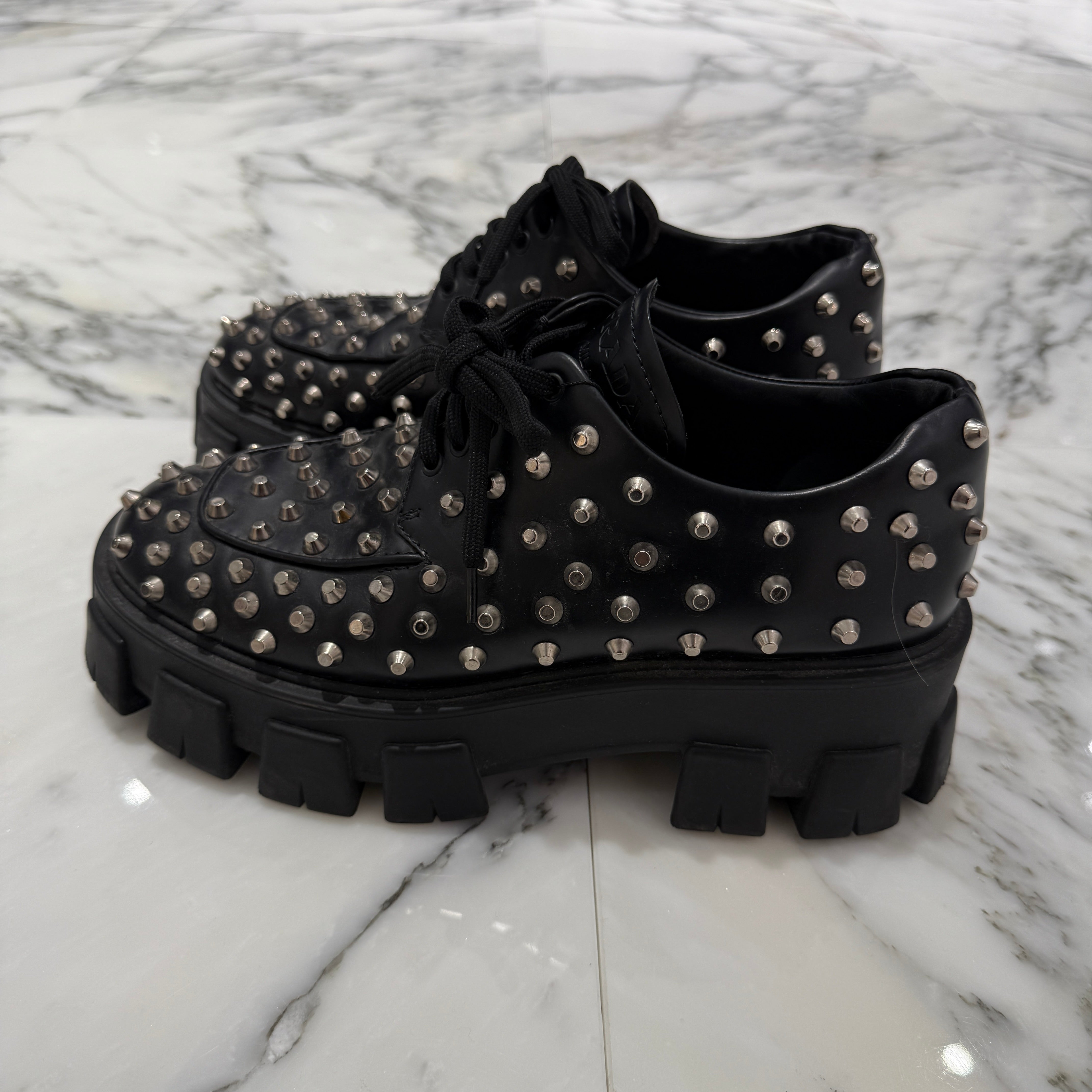 PRADA Monolith Brushed Leather Studs Boots 1E714L Size 38 1/2(25.5cm) プラダ モノリス ブラッシュド レザー スタッズ ブーツ サイズ38 1/2(25.5cm)