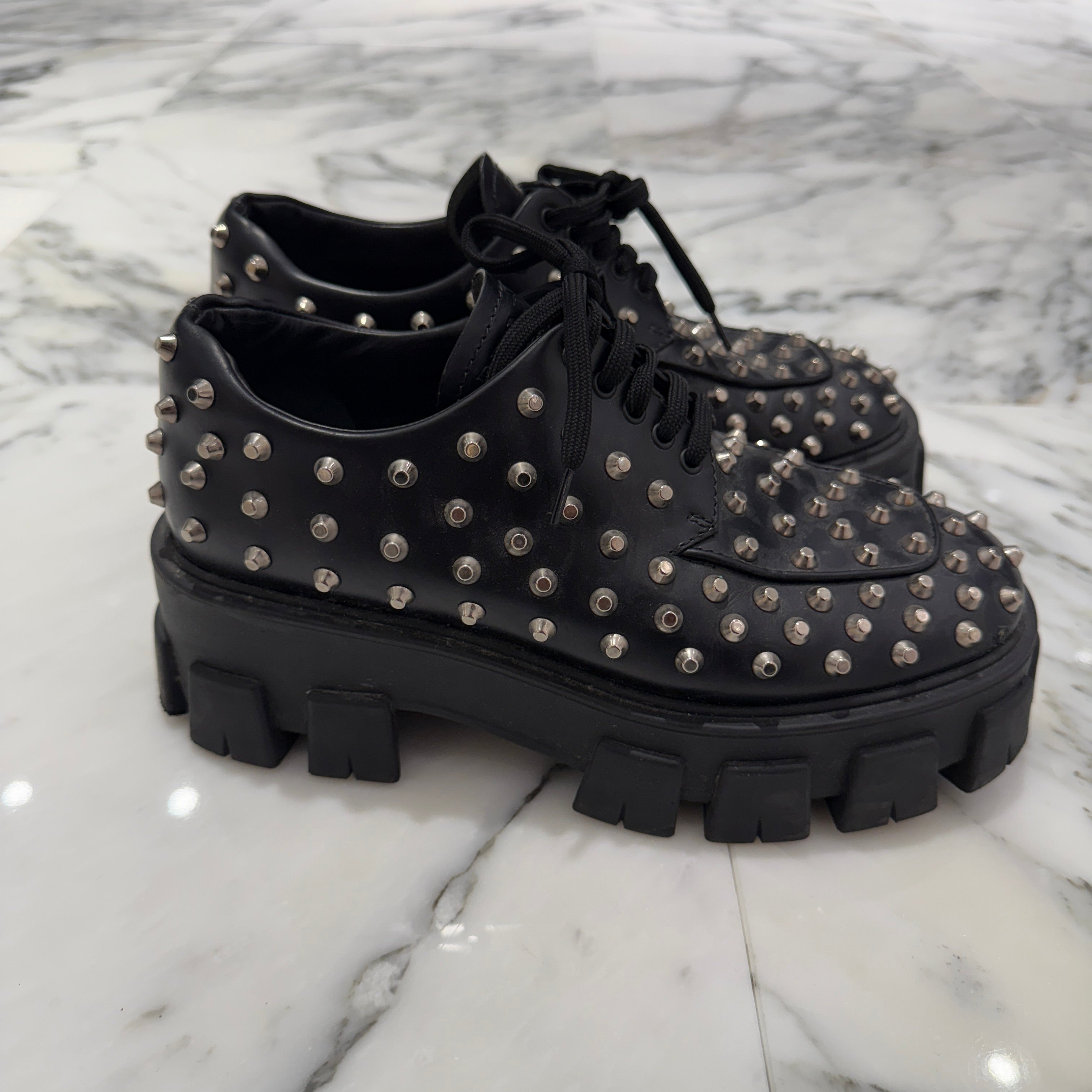 PRADA Monolith Brushed Leather Studs Boots 1E714L Size 38 1/2(25.5cm) プラダ モノリス ブラッシュド レザー スタッズ ブーツ サイズ38 1/2(25.5cm)