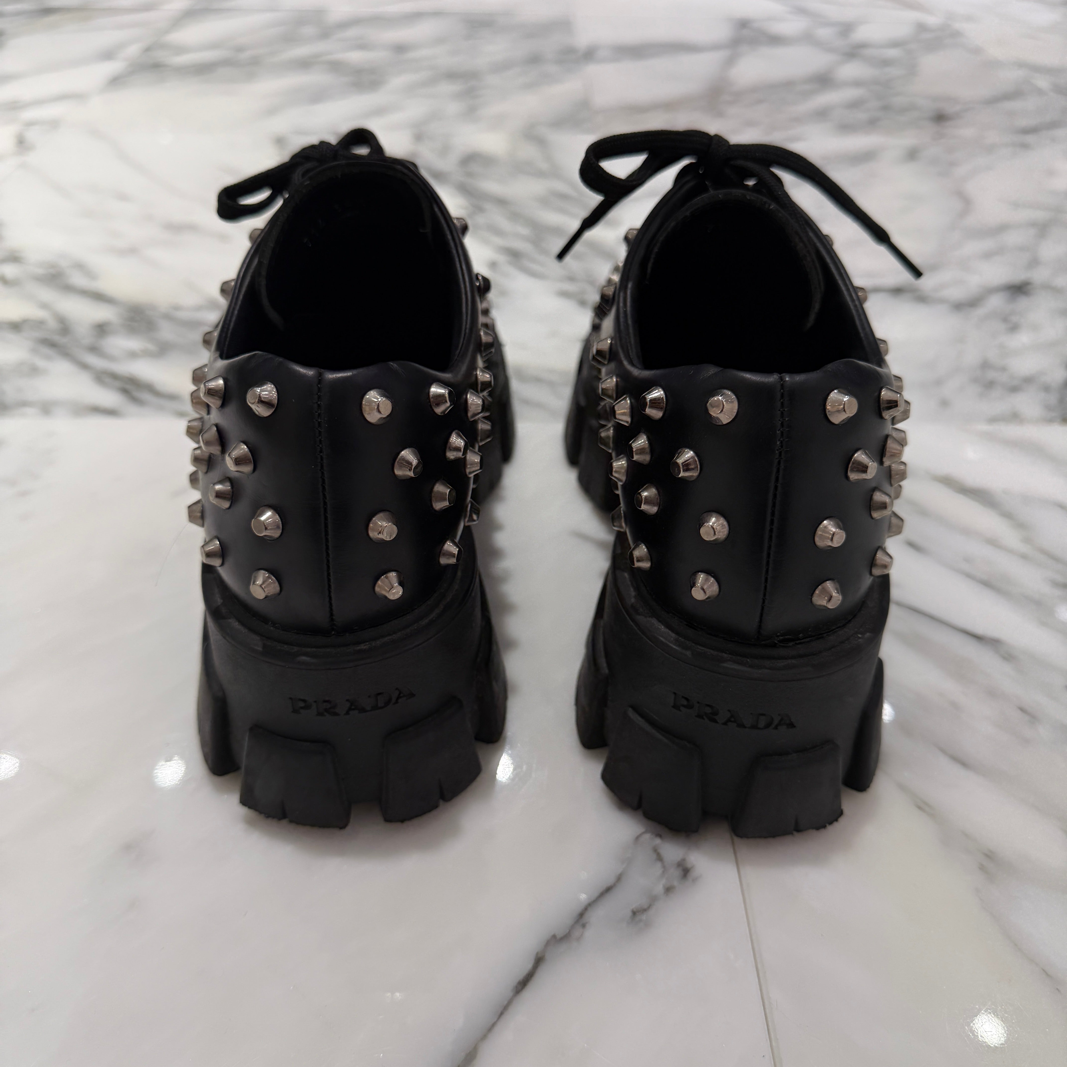 PRADA Monolith Brushed Leather Studs Boots 1E714L Size 38 1/2(25.5cm) プラダ モノリス ブラッシュド レザー スタッズ ブーツ サイズ38 1/2(25.5cm)