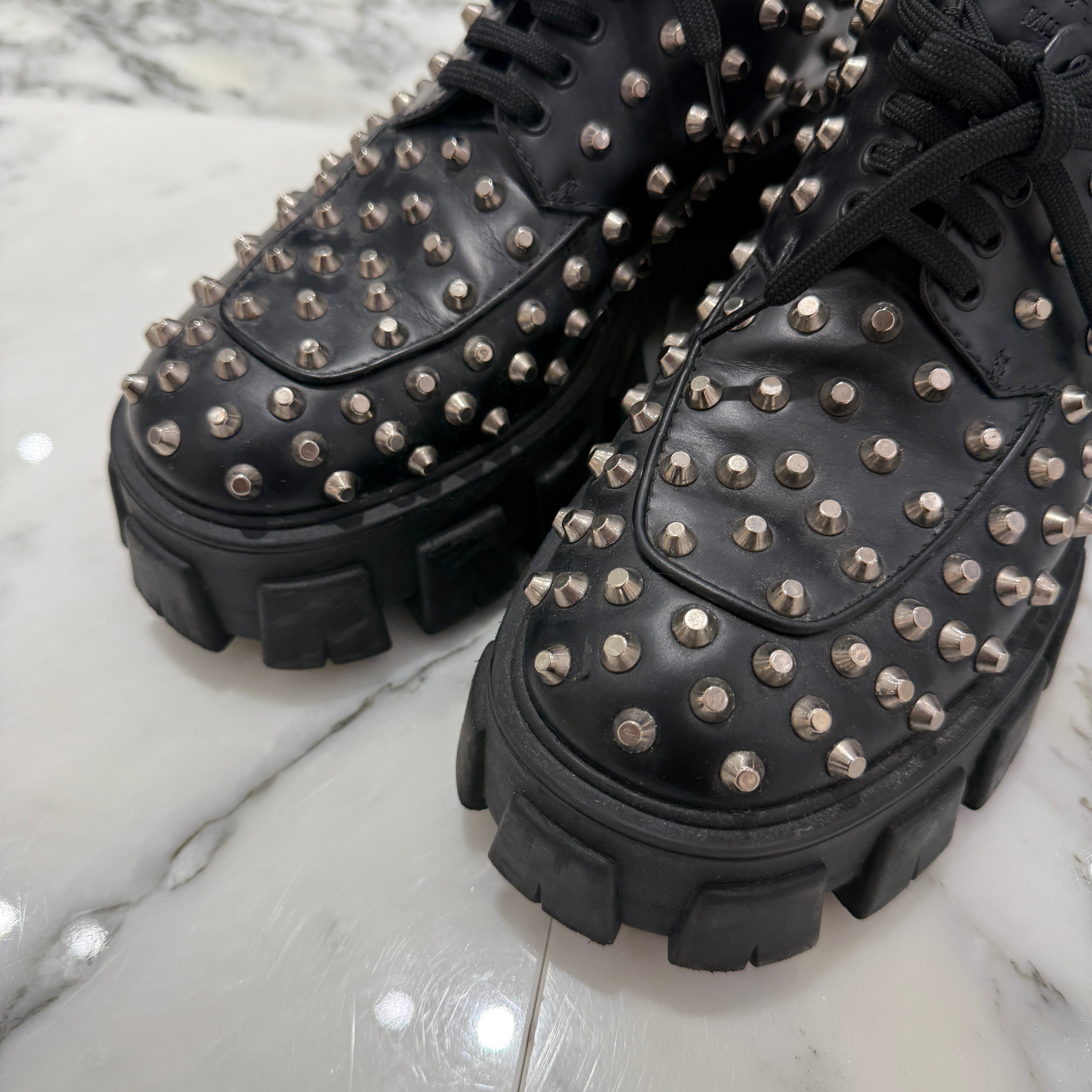 PRADA Monolith Brushed Leather Studs Boots 1E714L Size 38 1/2(25.5cm) プラダ モノリス ブラッシュド レザー スタッズ ブーツ サイズ38 1/2(25.5cm)