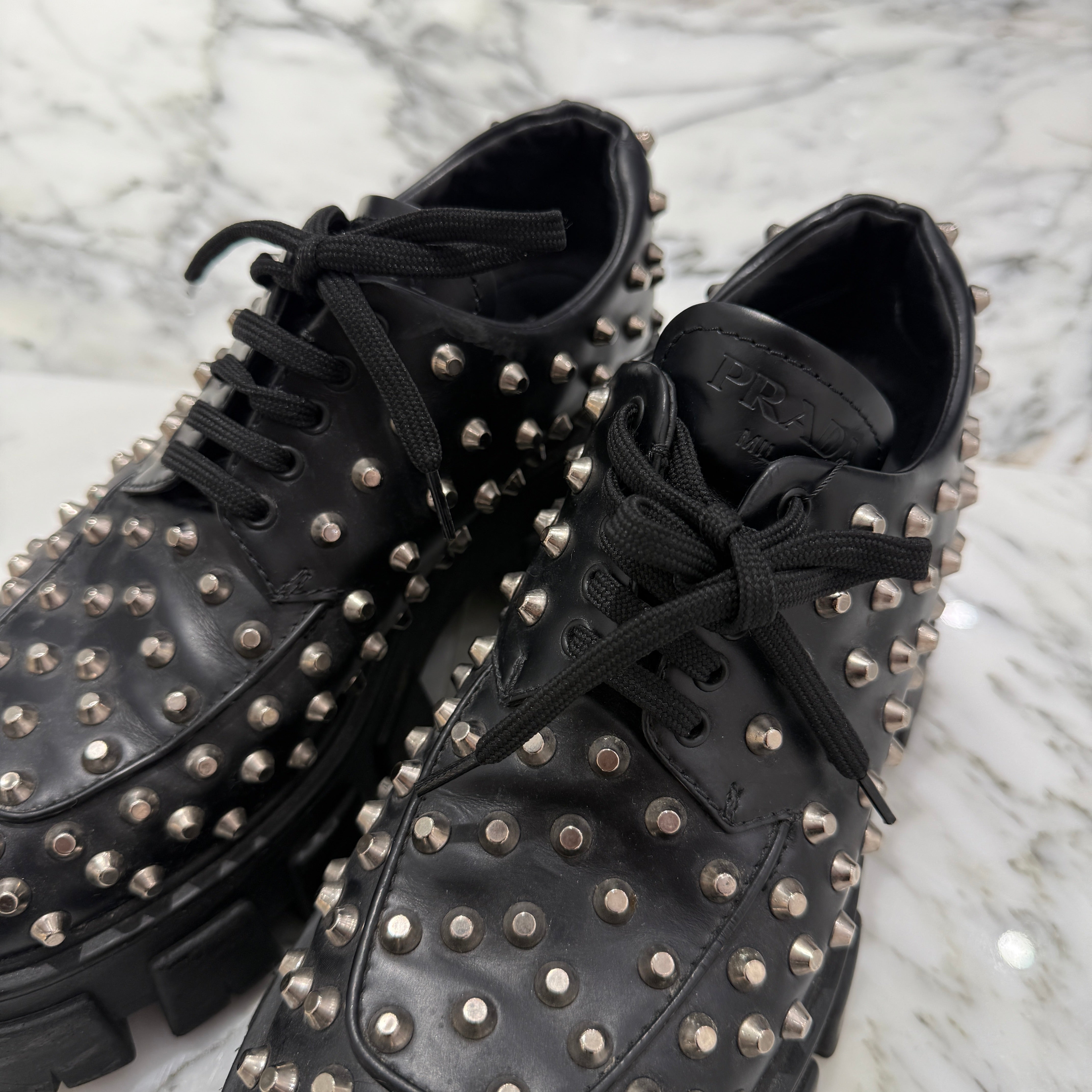 PRADA Monolith Brushed Leather Studs Boots 1E714L Size 38 1