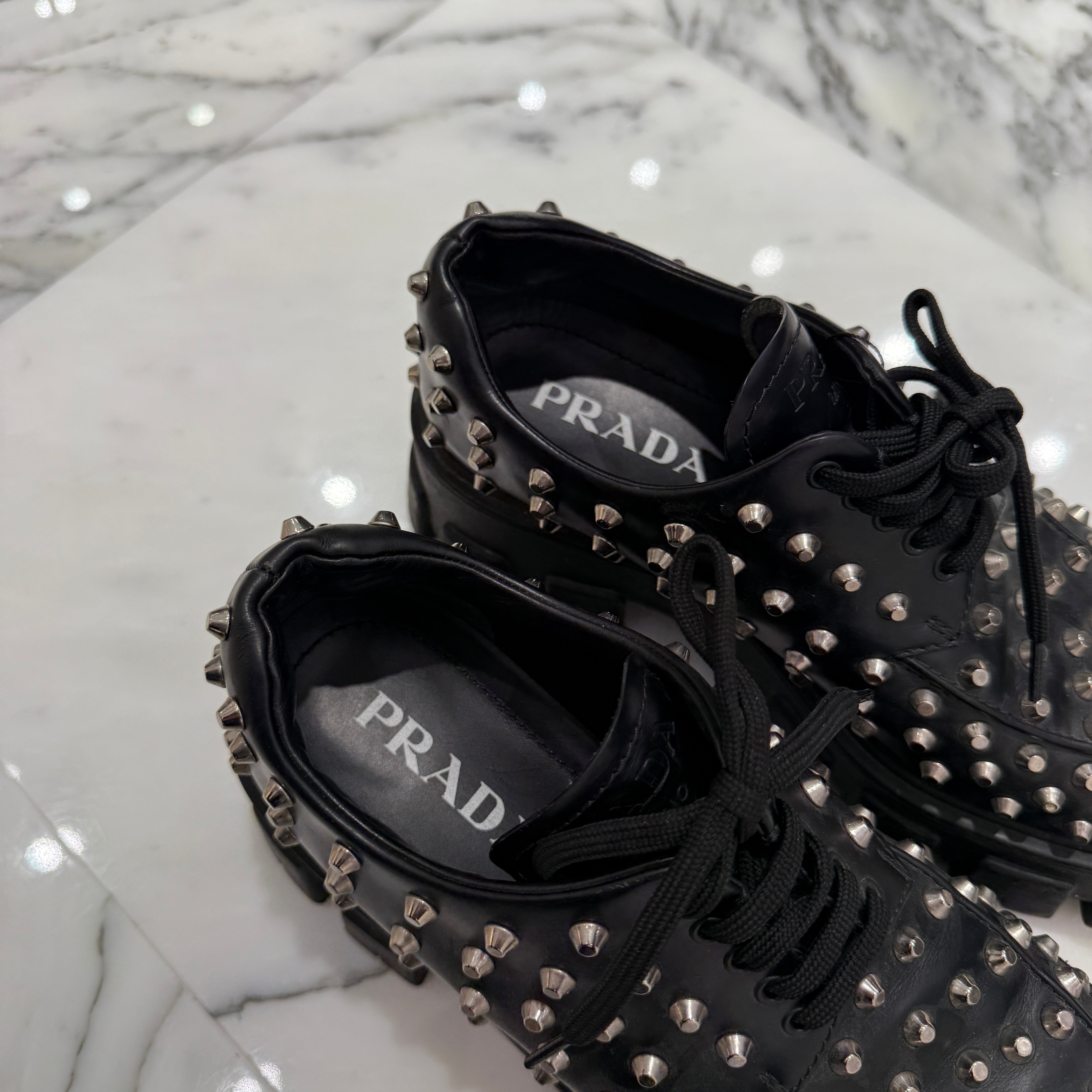 PRADA Monolith Brushed Leather Studs Boots 1E714L Size 38 1/2(25.5cm) プラダ モノリス ブラッシュド レザー スタッズ ブーツ サイズ38 1/2(25.5cm)