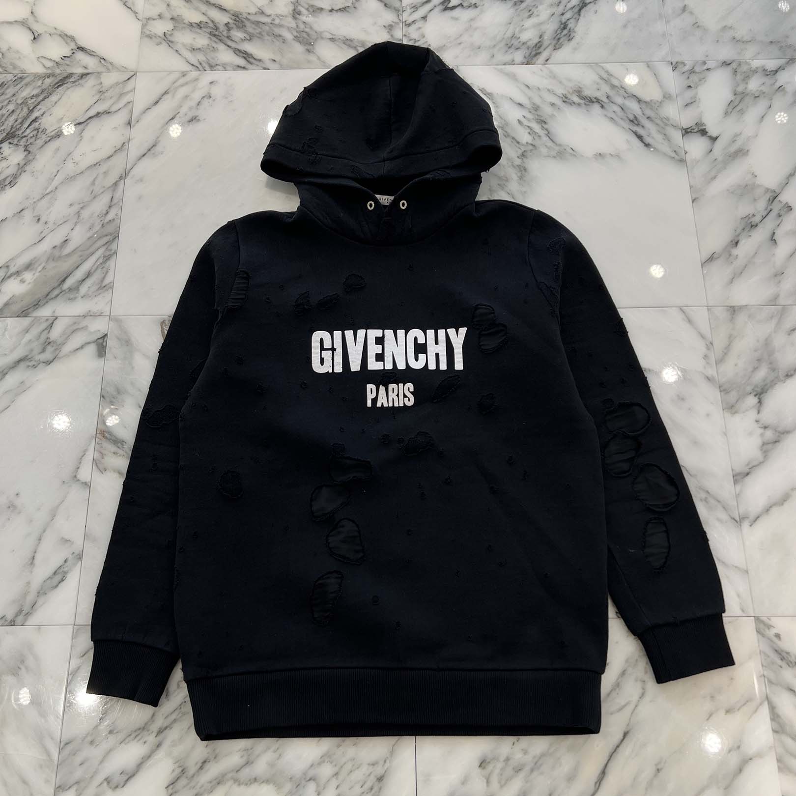 【極上美品】GIVENCHY ジバンシーデストロイ加工 ロゴパーカーブラック GIVENCHY 2018SS Destroyed Logo Print Pullover Hoodie BM703A3Y0S