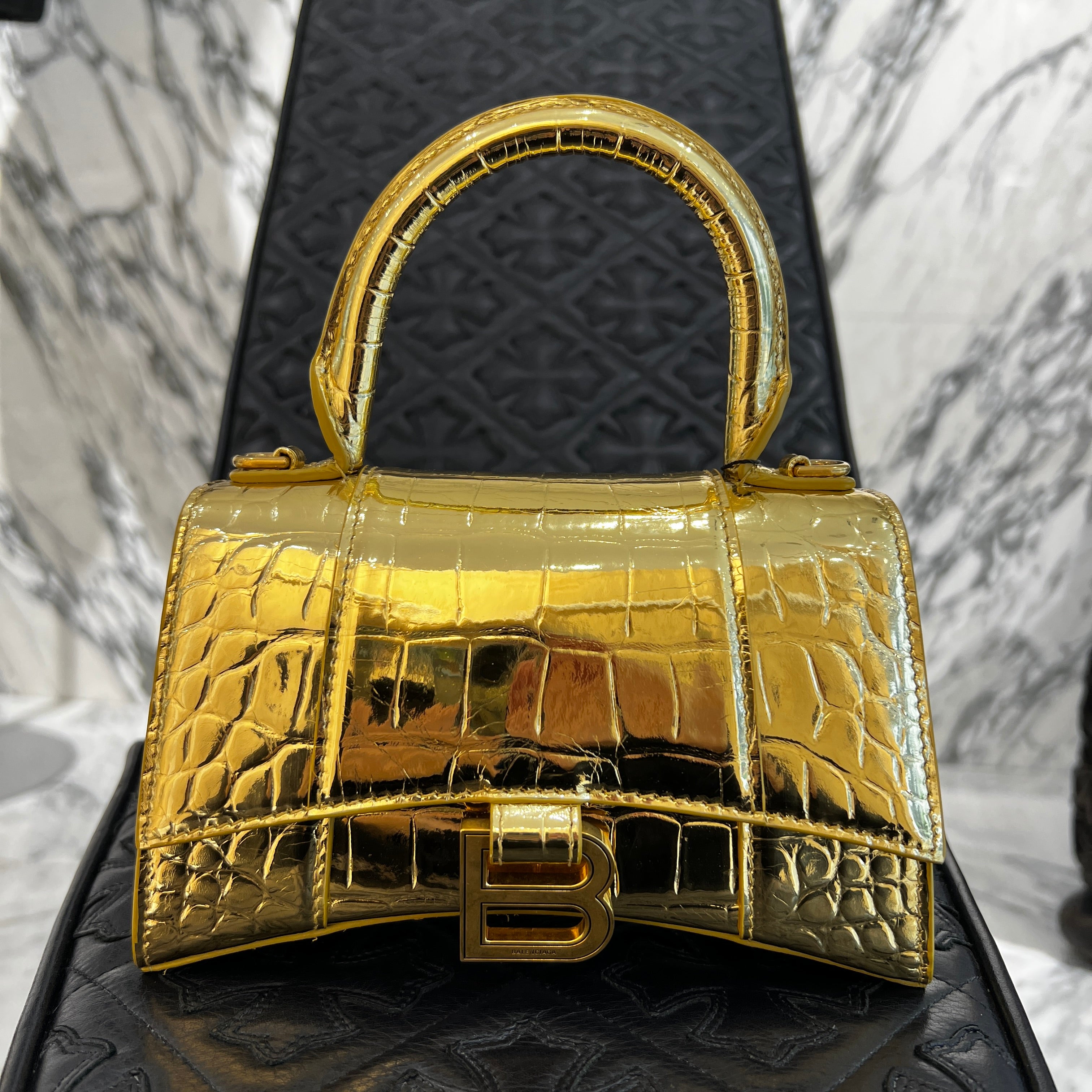 BALENCIAGA 2022SS Metallic Crocodile Embossed Calfskin Hourglass