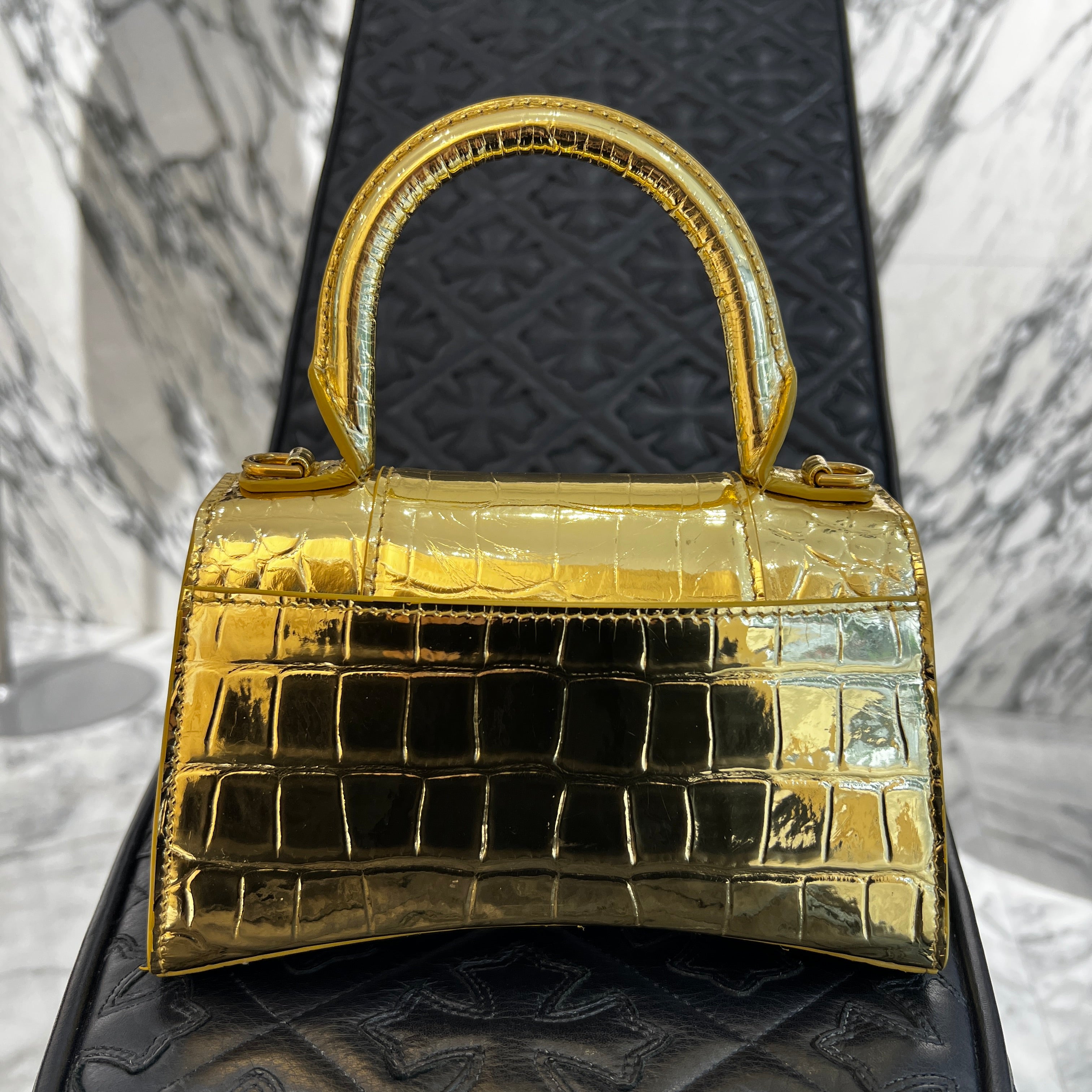 BALENCIAGA 2022SS Metallic Crocodile Embossed Calfskin Hourglass XS Top Handle Bag バレンシアガ メタリッククロコダイルエンボスカーフスキン アワーグラス XS トップハンドルバッグ