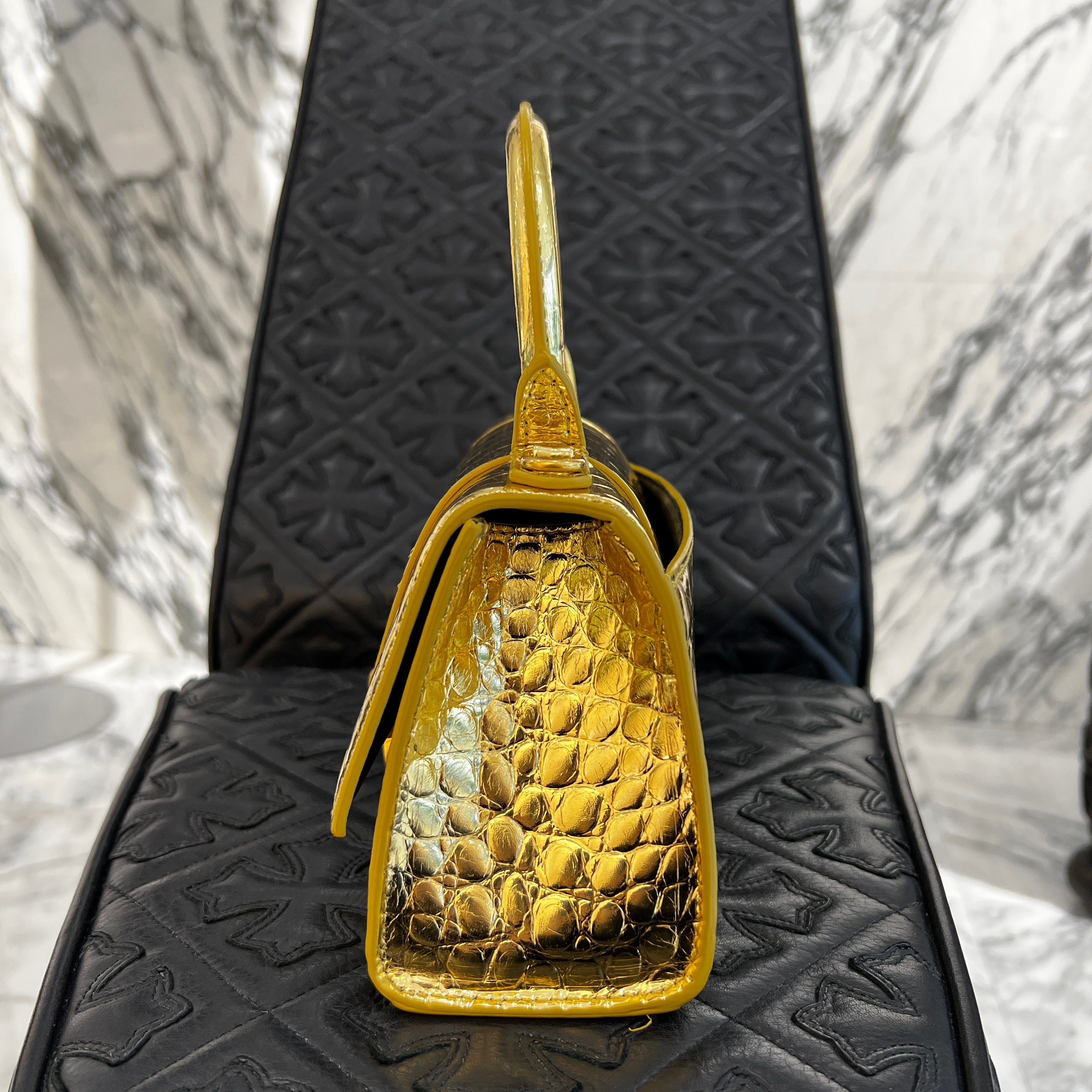 BALENCIAGA 2022SS Metallic Crocodile Embossed Calfskin Hourglass XS Top Handle Bag バレンシアガ メタリッククロコダイルエンボスカーフスキン アワーグラス XS トップハンドルバッグ