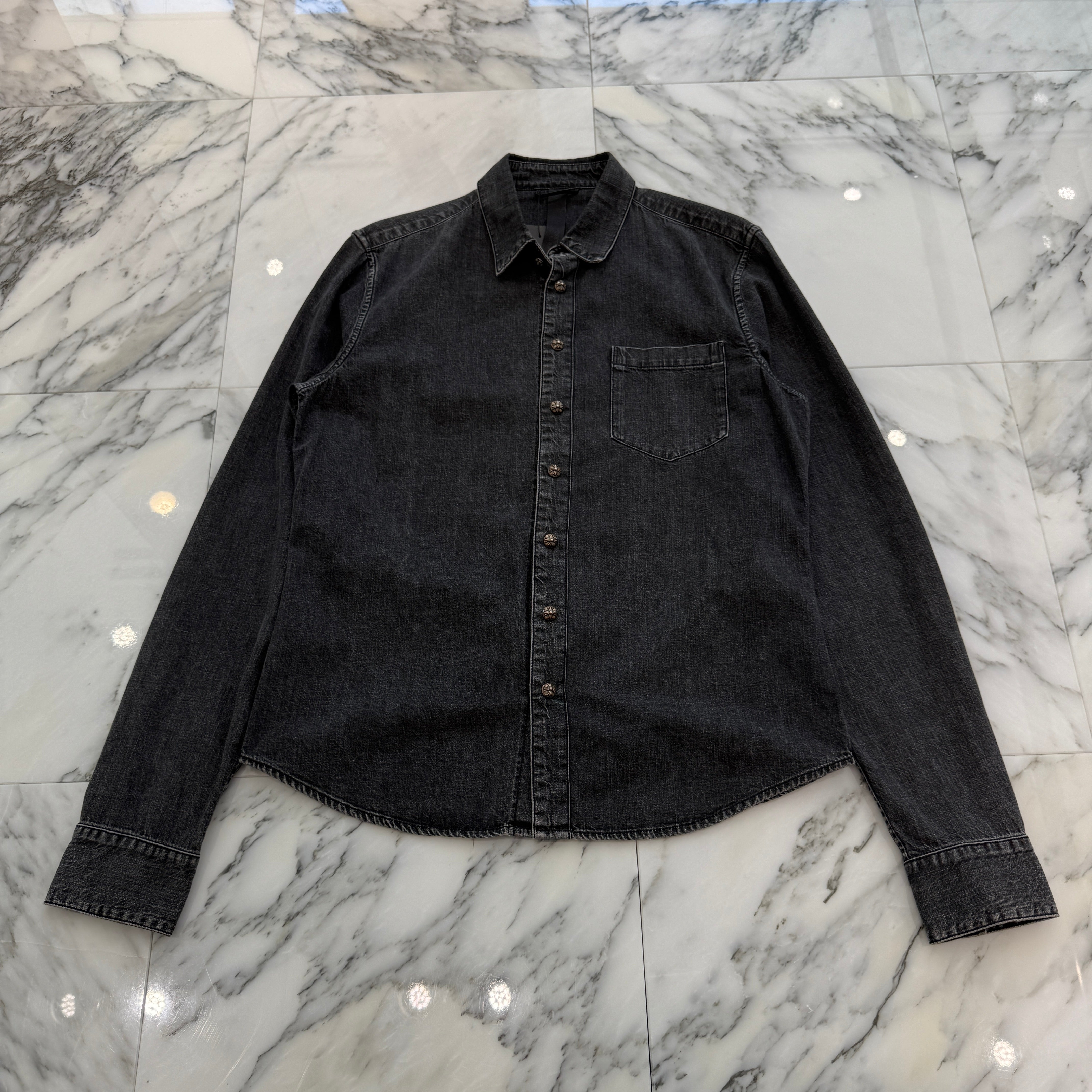 CHROME HEARTS Y NOT Leather Cross Patch Denim Shirt Size M クロムハーツ ワイノット クロスレザーパッチ デニムシャツ サイズM