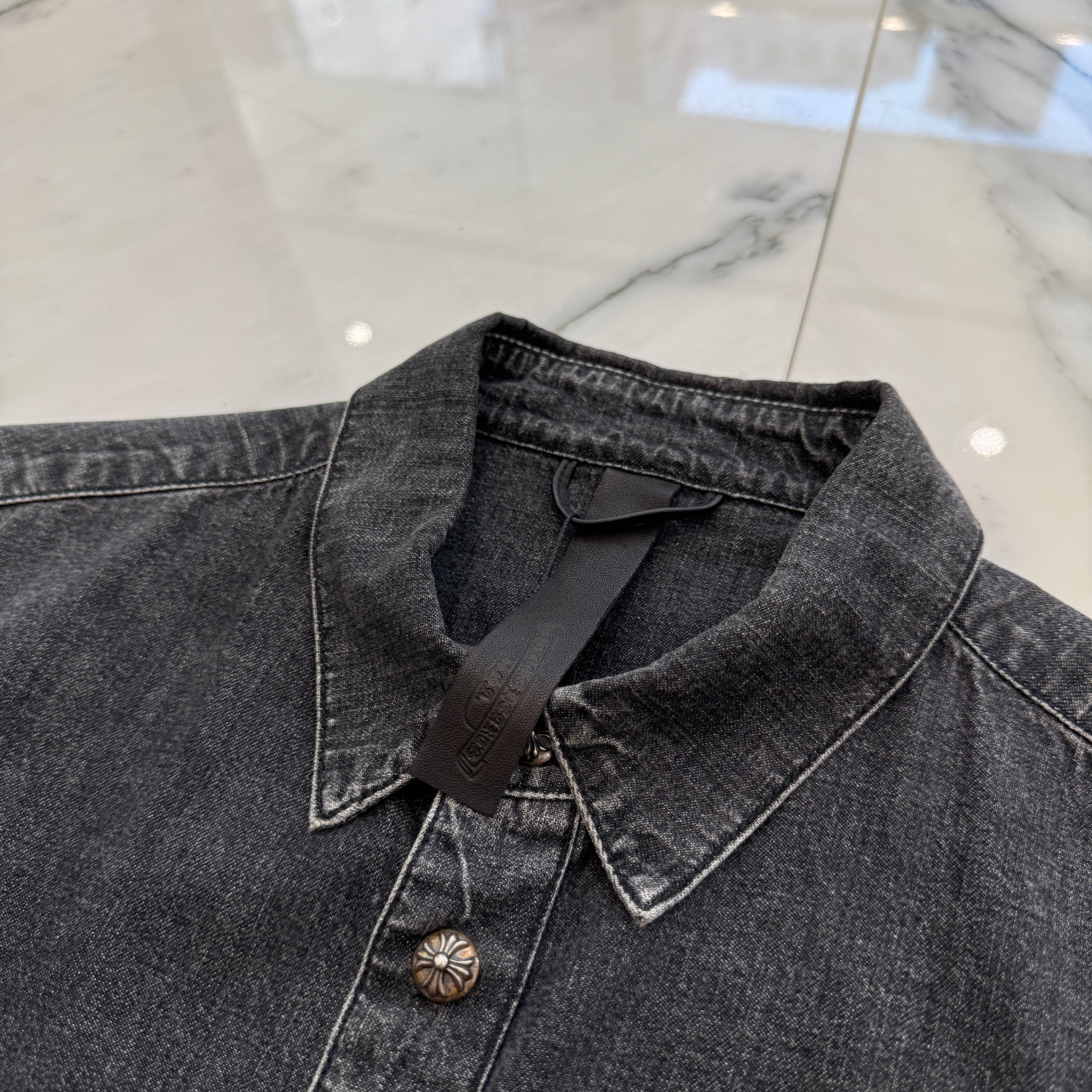 CHROME HEARTS Y NOT Leather Cross Patch Denim Shirt Size M クロムハーツ ワイノット クロスレザーパッチ デニムシャツ サイズM