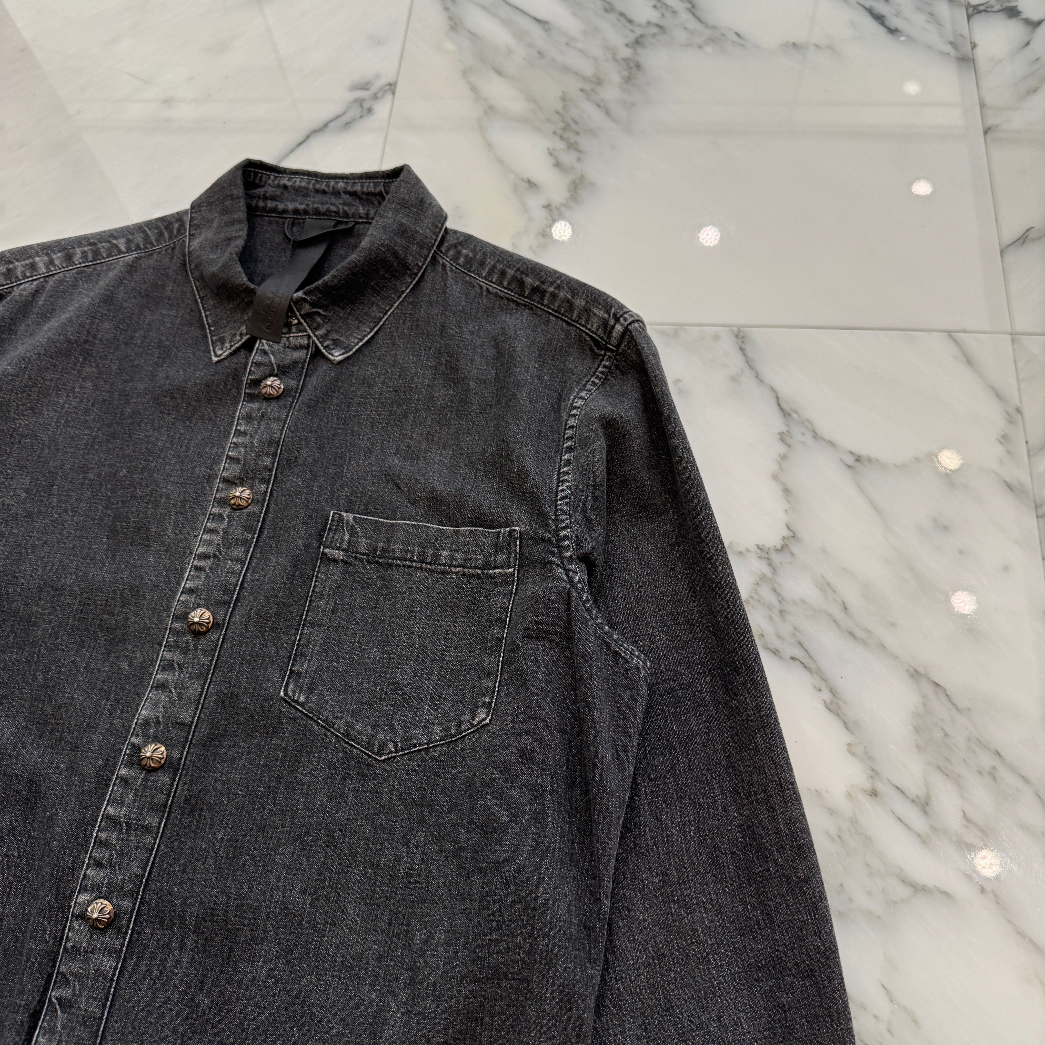 CHROME HEARTS Y NOT Leather Cross Patch Denim Shirt Size M クロムハーツ ワイノット クロスレザーパッチ デニムシャツ サイズM