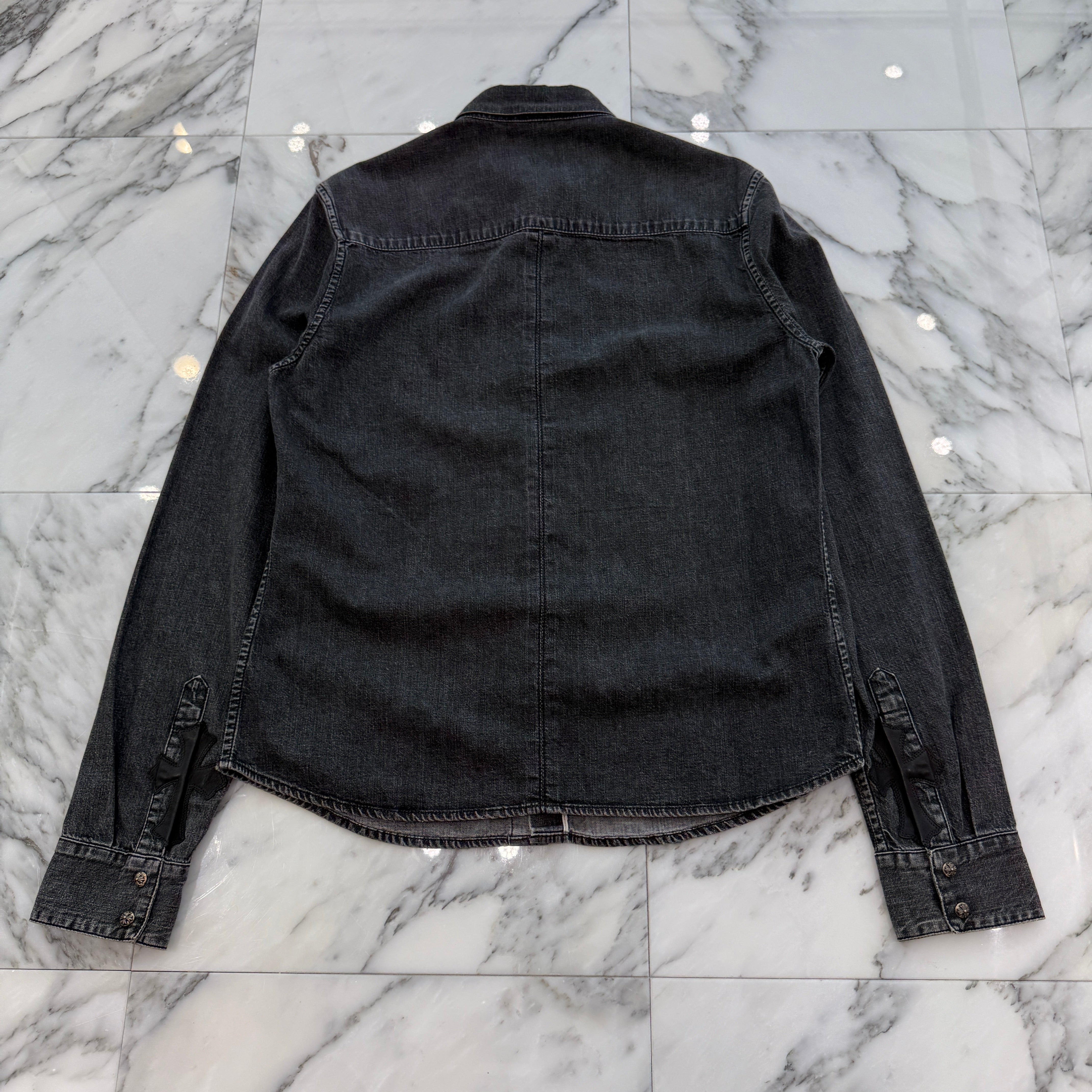 CHROME HEARTS Y NOT Leather Cross Patch Denim Shirt Size M クロムハーツ ワイノット クロスレザーパッチ デニムシャツ サイズM