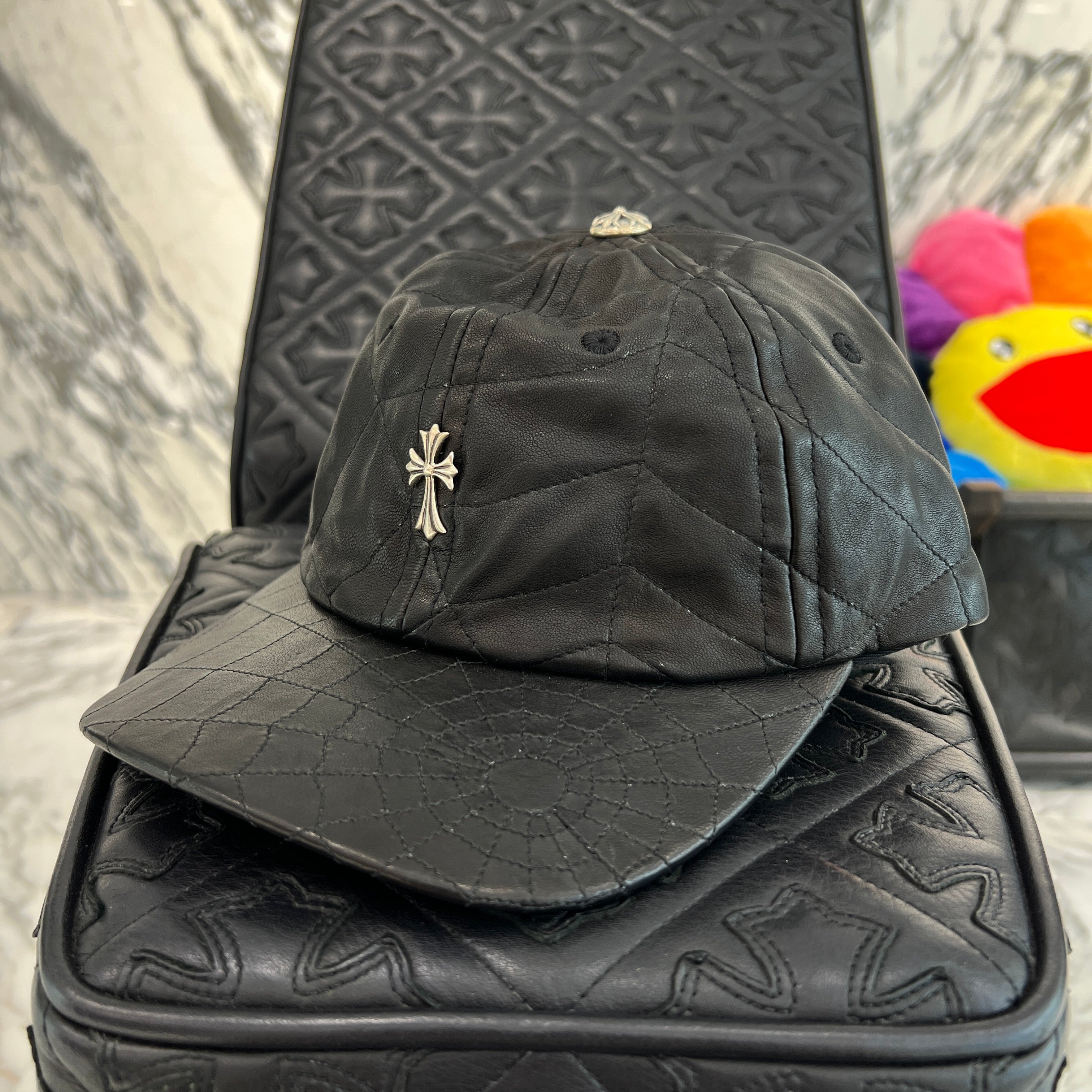 CHROME HEARTS Silver Cross Spider Web Leather Cap Size ONE