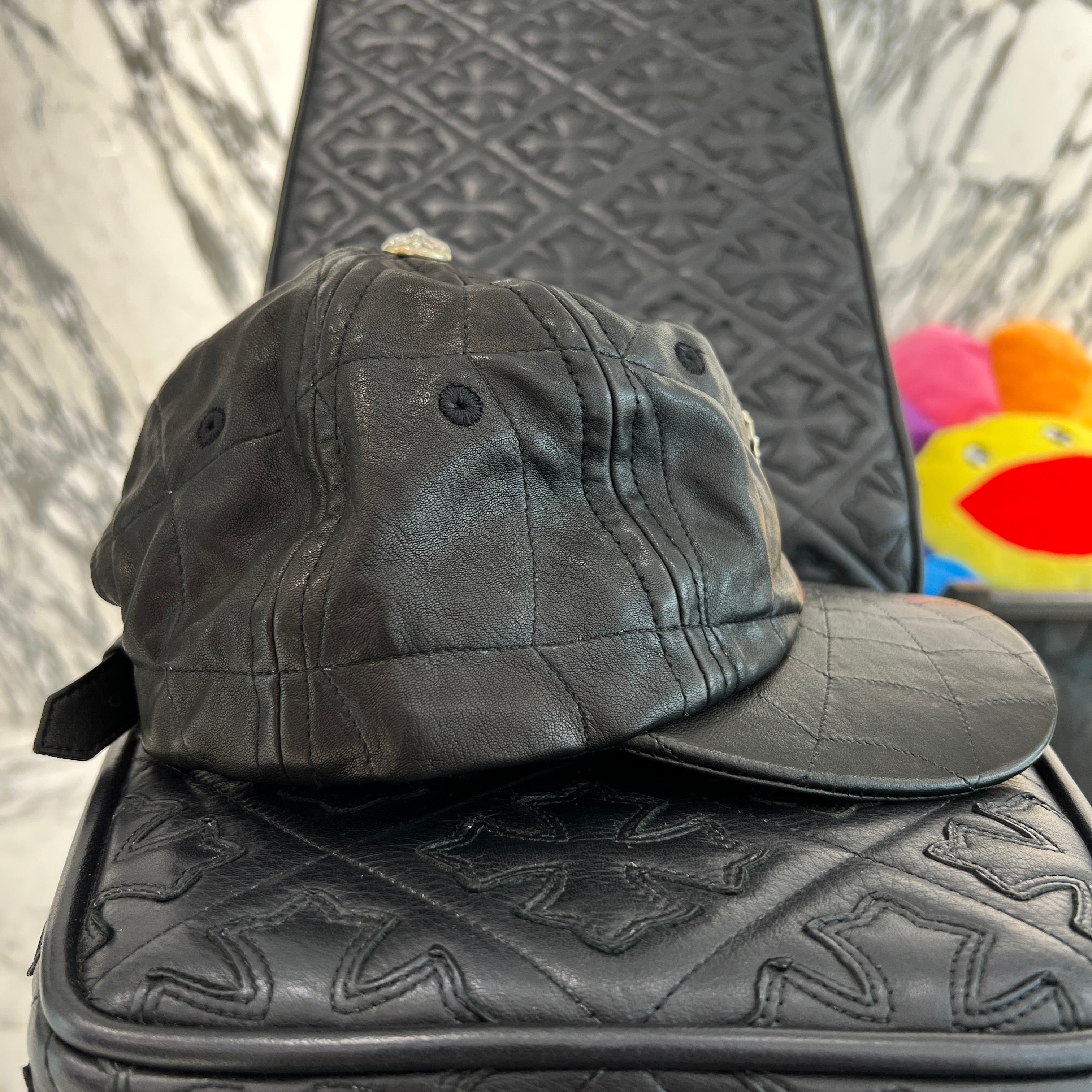 CHROME HEARTS Silver Cross Spider Web Leather Cap Size ONE SIZE（53-60）クロムハーツ シルバークロス スパイダーウェブ レザーキャップ サイズONE SIZE（53-60）