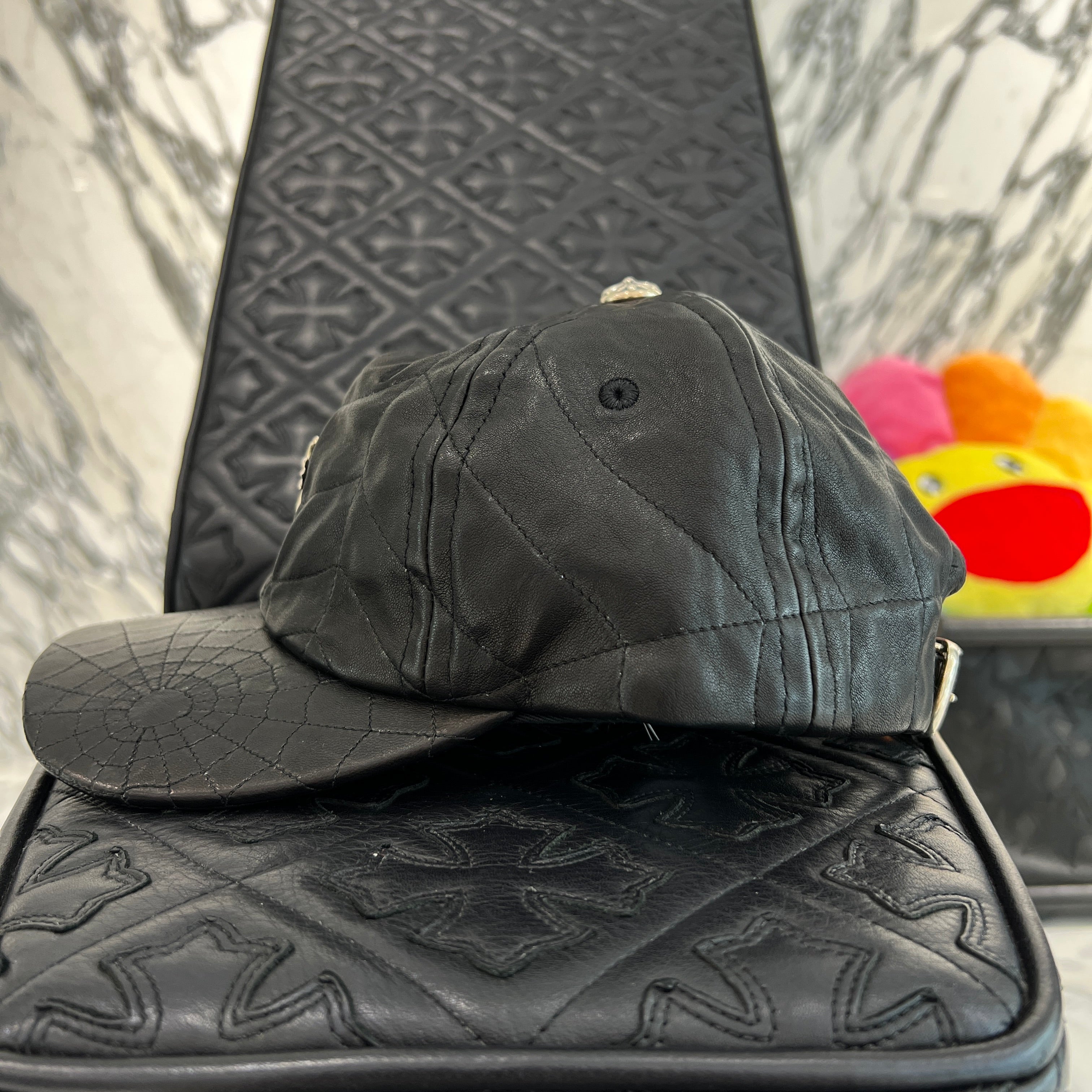 CHROME HEARTS Silver Cross Spider Web Leather Cap Size ONE