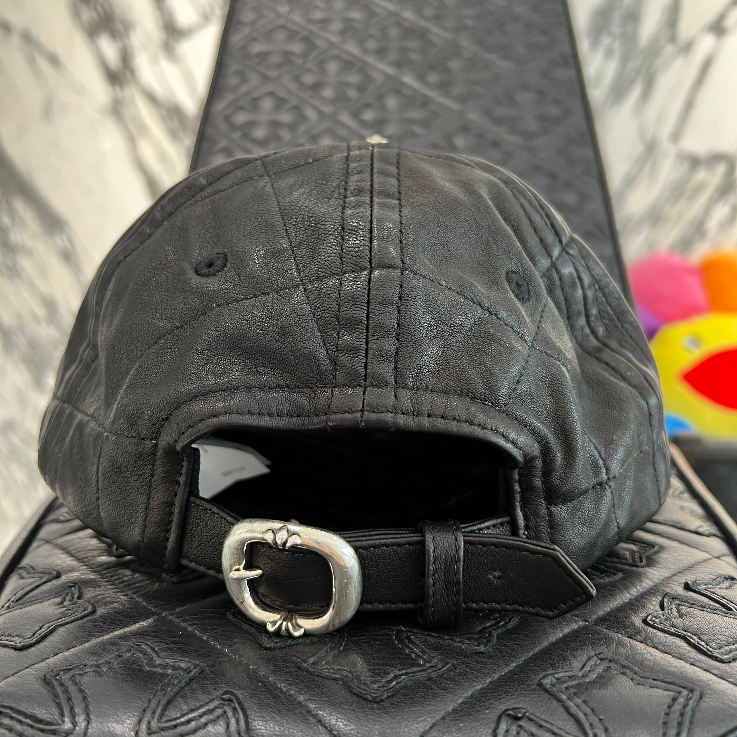 【クロムハーツ】 CHROME HEARTS Silver Cross Spider Web Leather Cap Size ONE