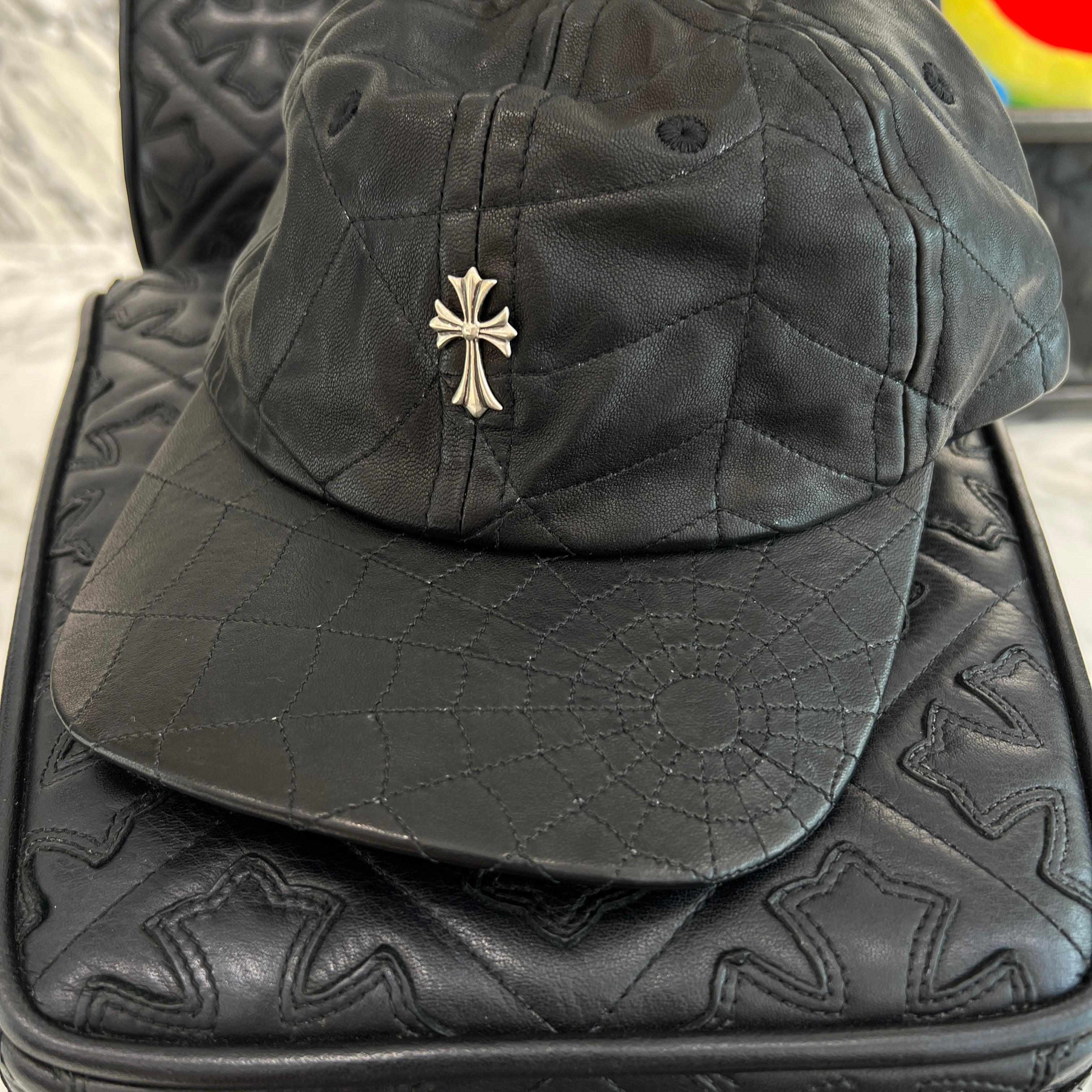 CHROME HEARTS Silver Cross Spider Web Leather Cap Size ONE SIZE（53-60）クロムハーツ シルバークロス スパイダーウェブ レザーキャップ サイズONE SIZE（53-60）