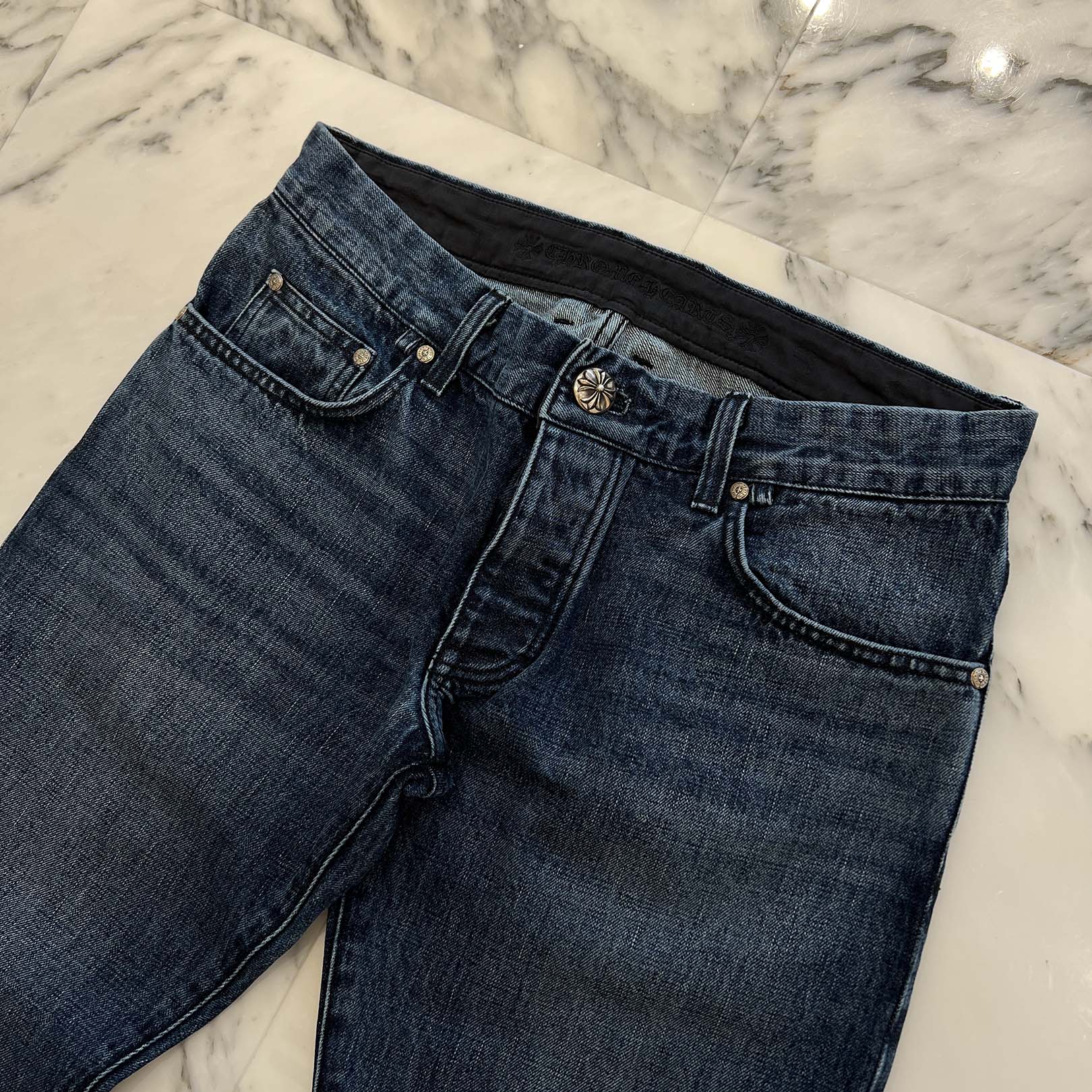 CHROME HEARTS Cross Ball Button Wide Flare Denim Pants Size 34