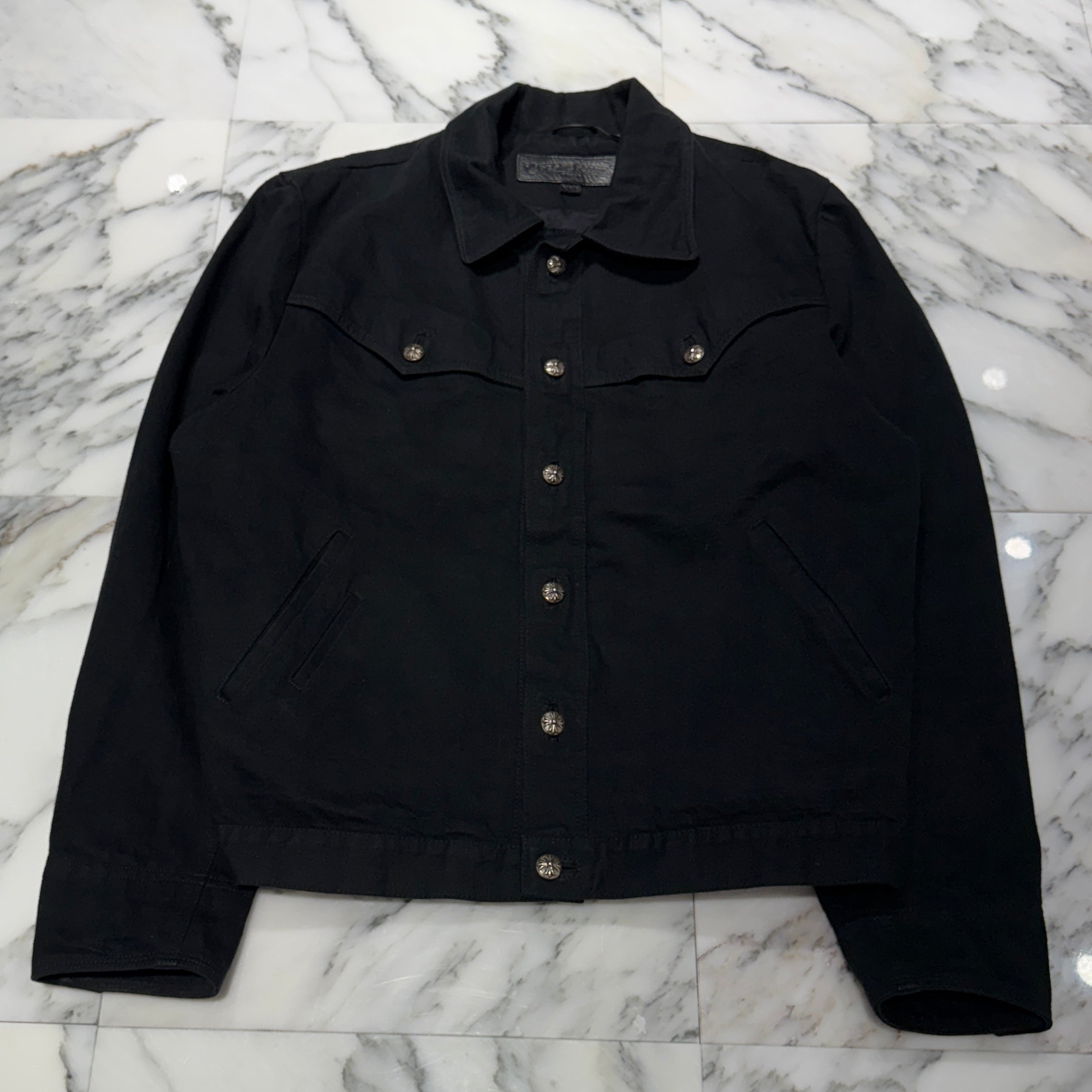 CHROME HEARTS Floral Cross Leather Patch Flare Knee Sleeve Denim Jacket Size XXL クロムハーツ フローラルクロス レザーパッチ フレアニー スリーブ デニムジャケット サイズXXL