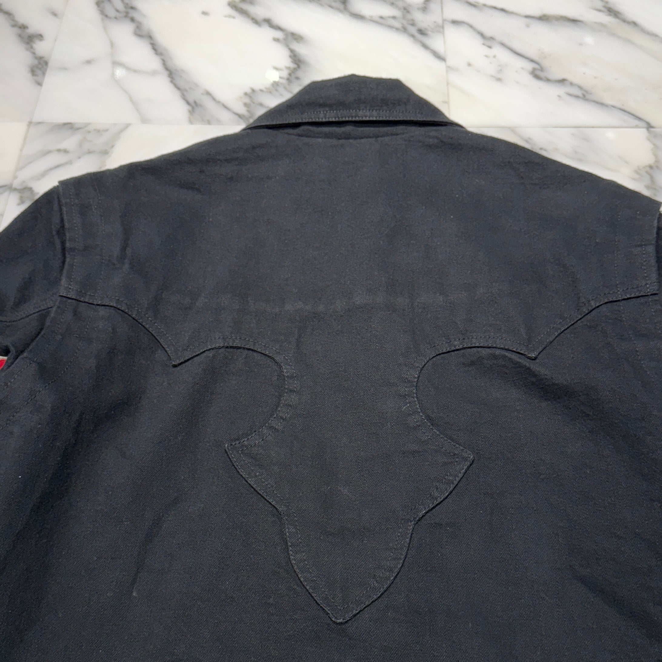 CHROME HEARTS Floral Cross Leather Patch Flare Knee Sleeve Denim Jacket Size XXL クロムハーツ フローラルクロス レザーパッチ フレアニー スリーブ デニムジャケット サイズXXL